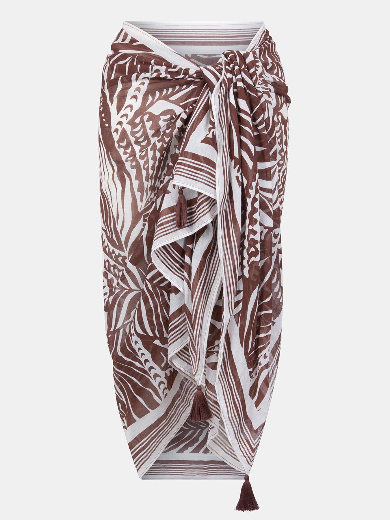 Image 3 of 3 of Accessorize Palm Print Tassel Sarong - Brown
