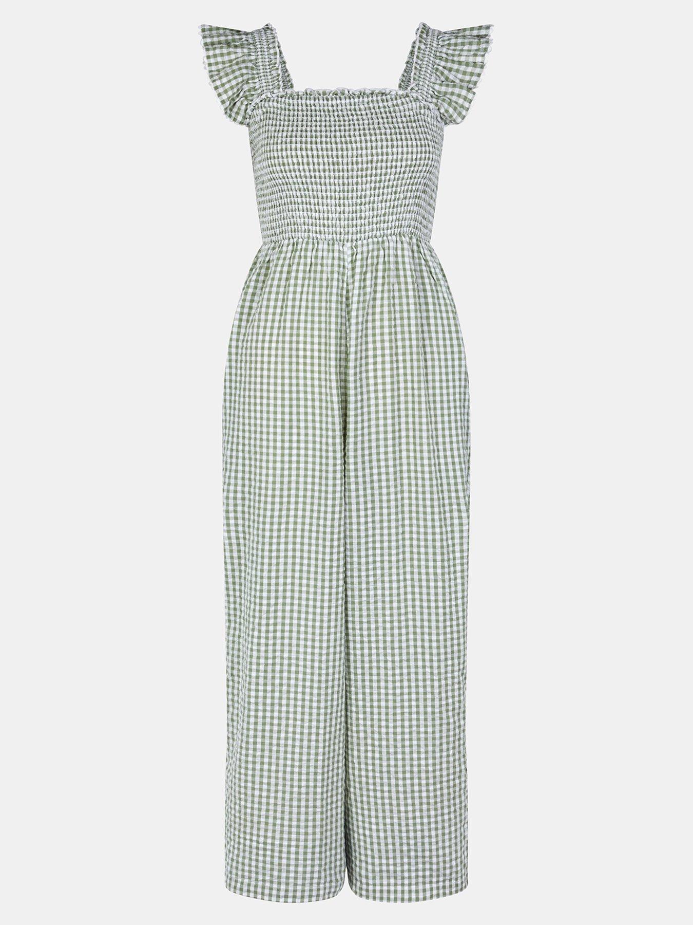 Image 4 of 4 of Accessorize Gingham Print Frill Jumpsuit - Green
