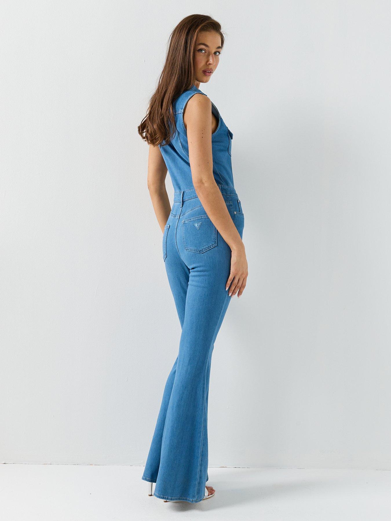 Image 2 of 6 of Guess Harlo Flare Denim Jumpsuit - Blue
