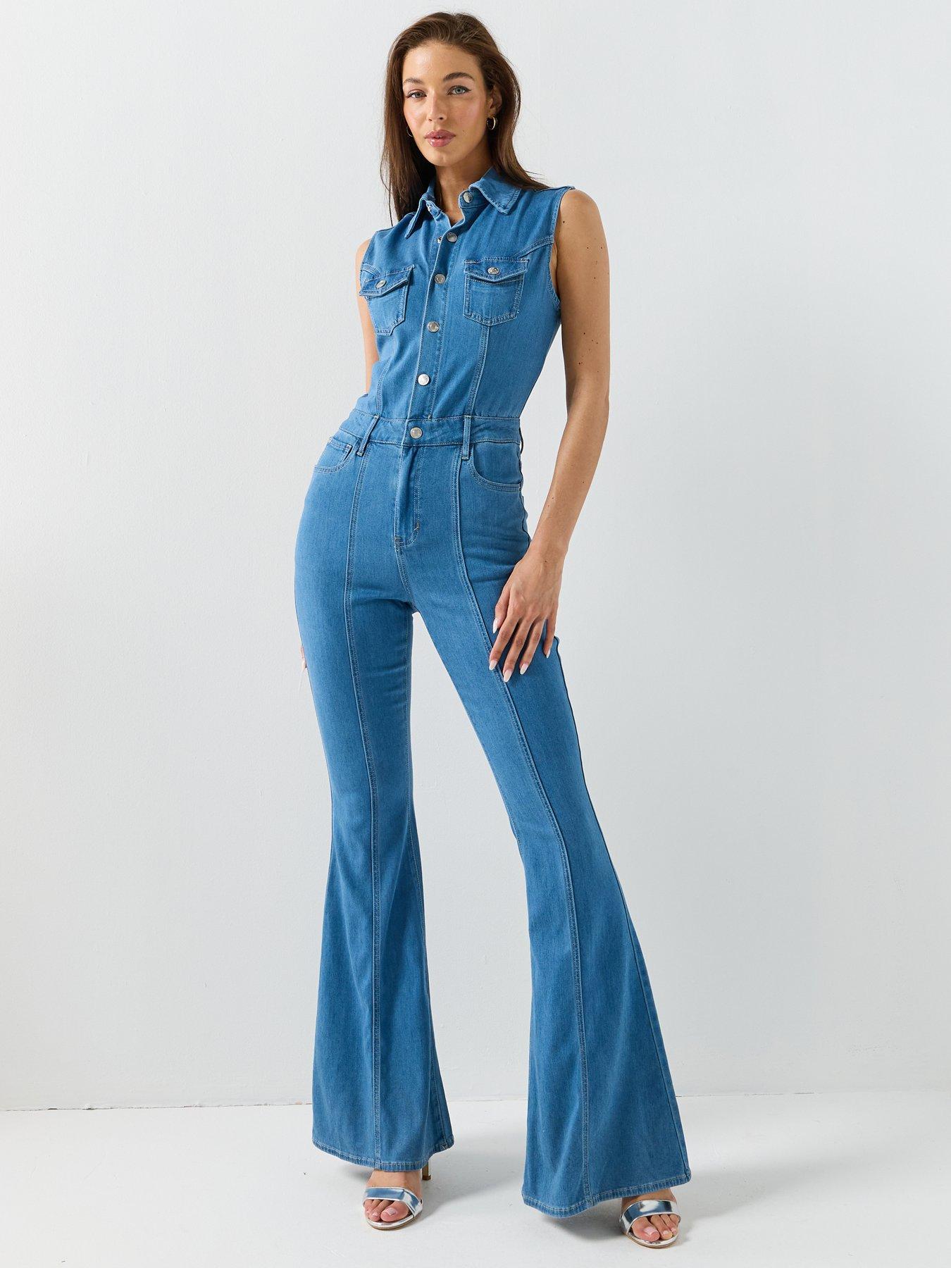 Image 3 of 6 of Guess Harlo Flare Denim Jumpsuit - Blue