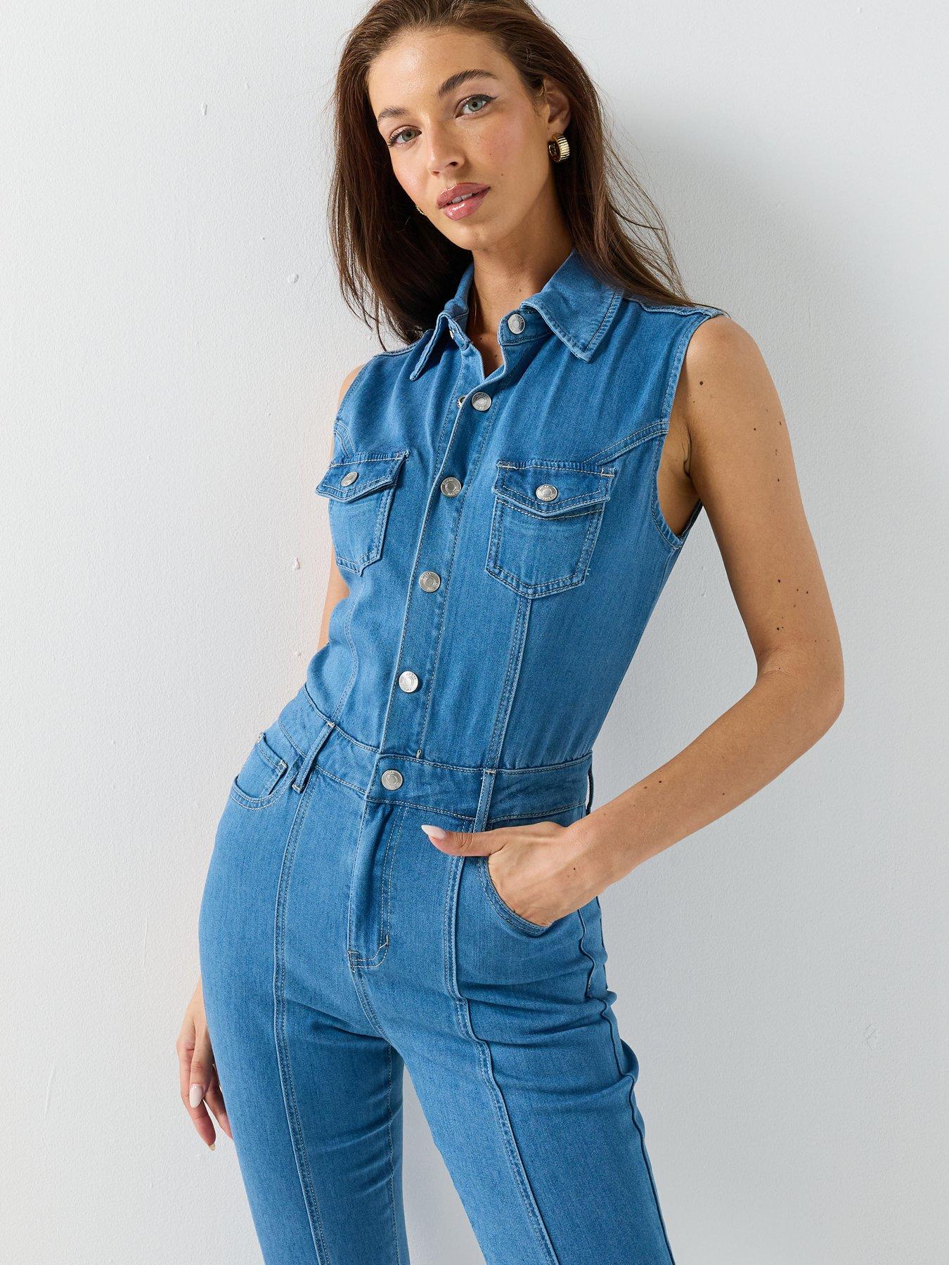 Image 4 of 6 of Guess Harlo Flare Denim Jumpsuit - Blue