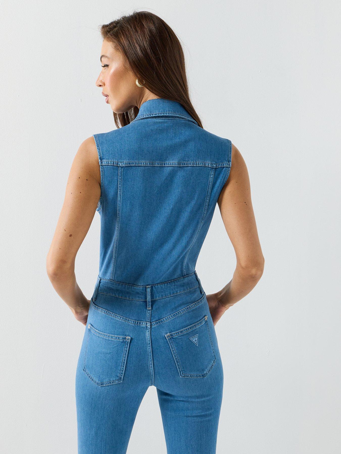 Image 5 of 6 of Guess Harlo Flare Denim Jumpsuit - Blue
