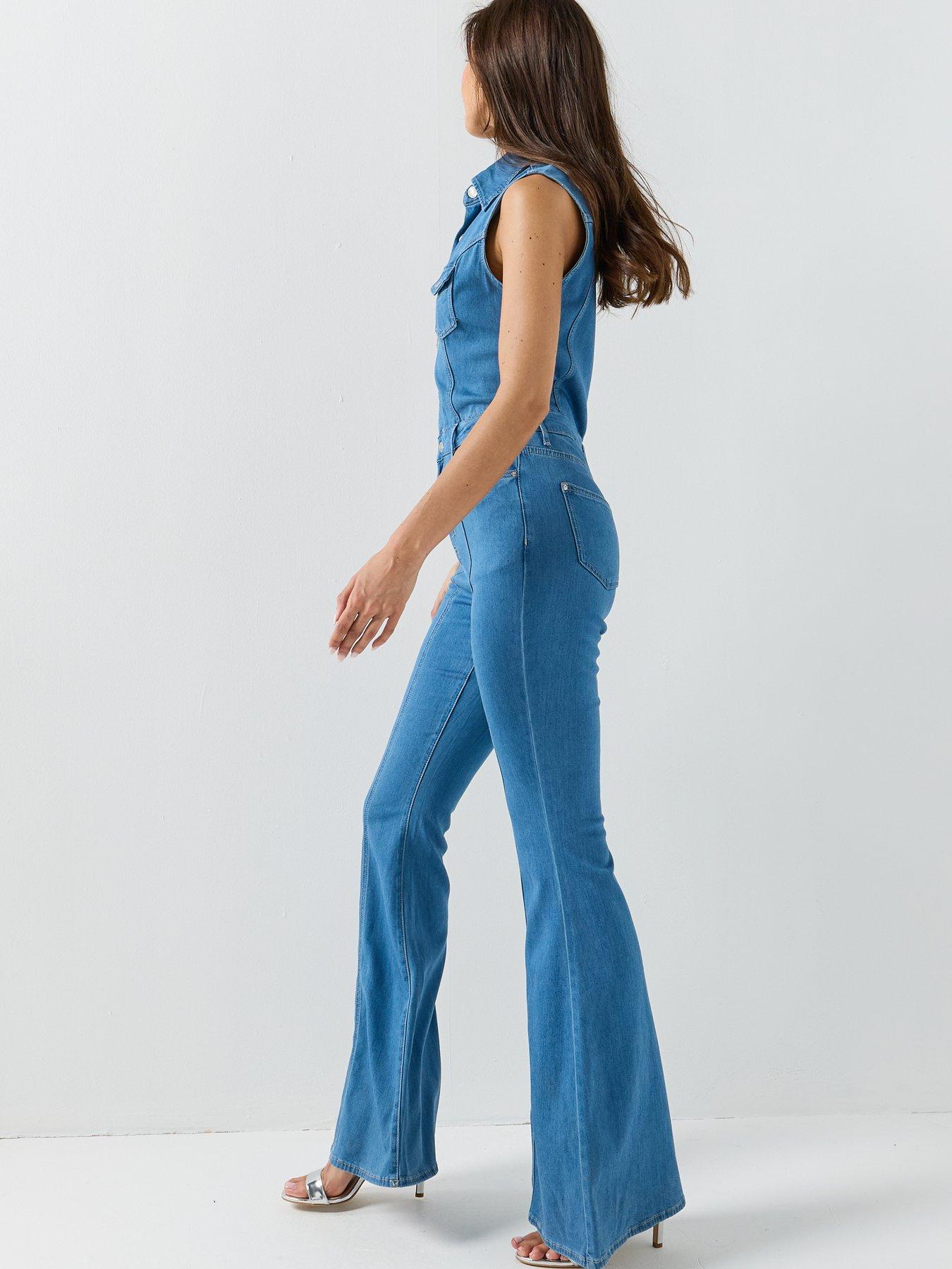 Image 6 of 6 of Guess Harlo Flare Denim Jumpsuit - Blue
