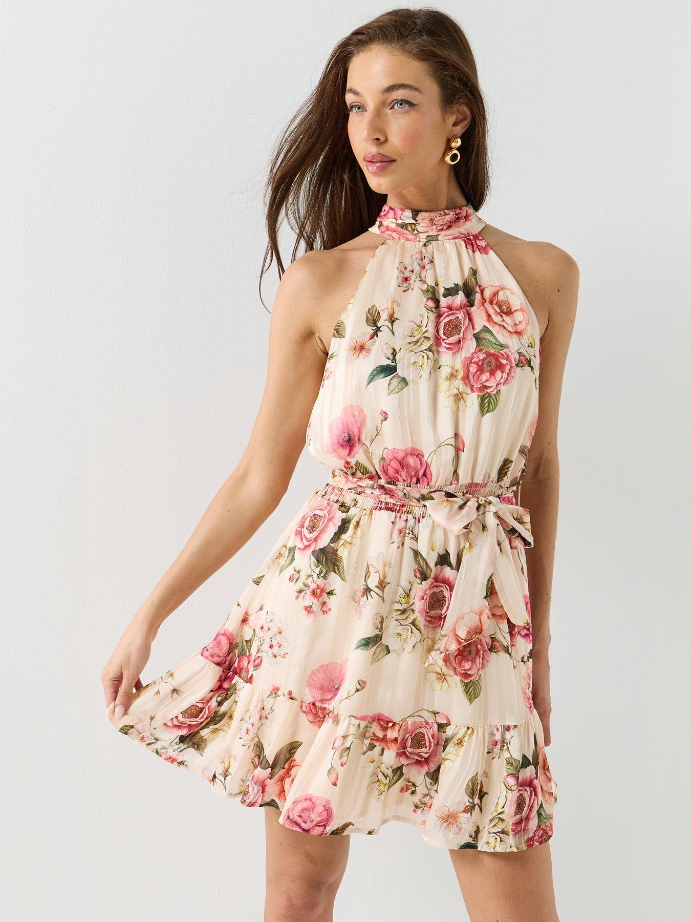 Guess Daniele Floral Halterneck Dress - Pink