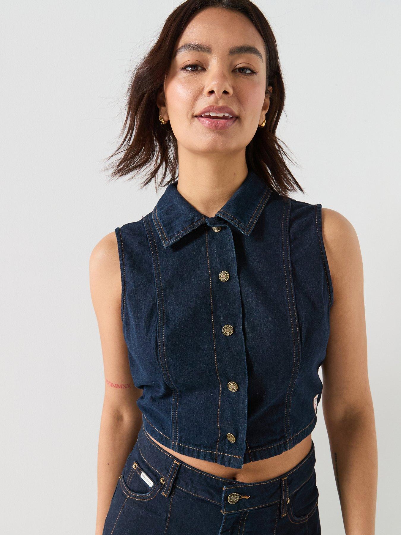 Image 1 of 6 of Guess Jeans Gj Cropped Button Through Top - Blue