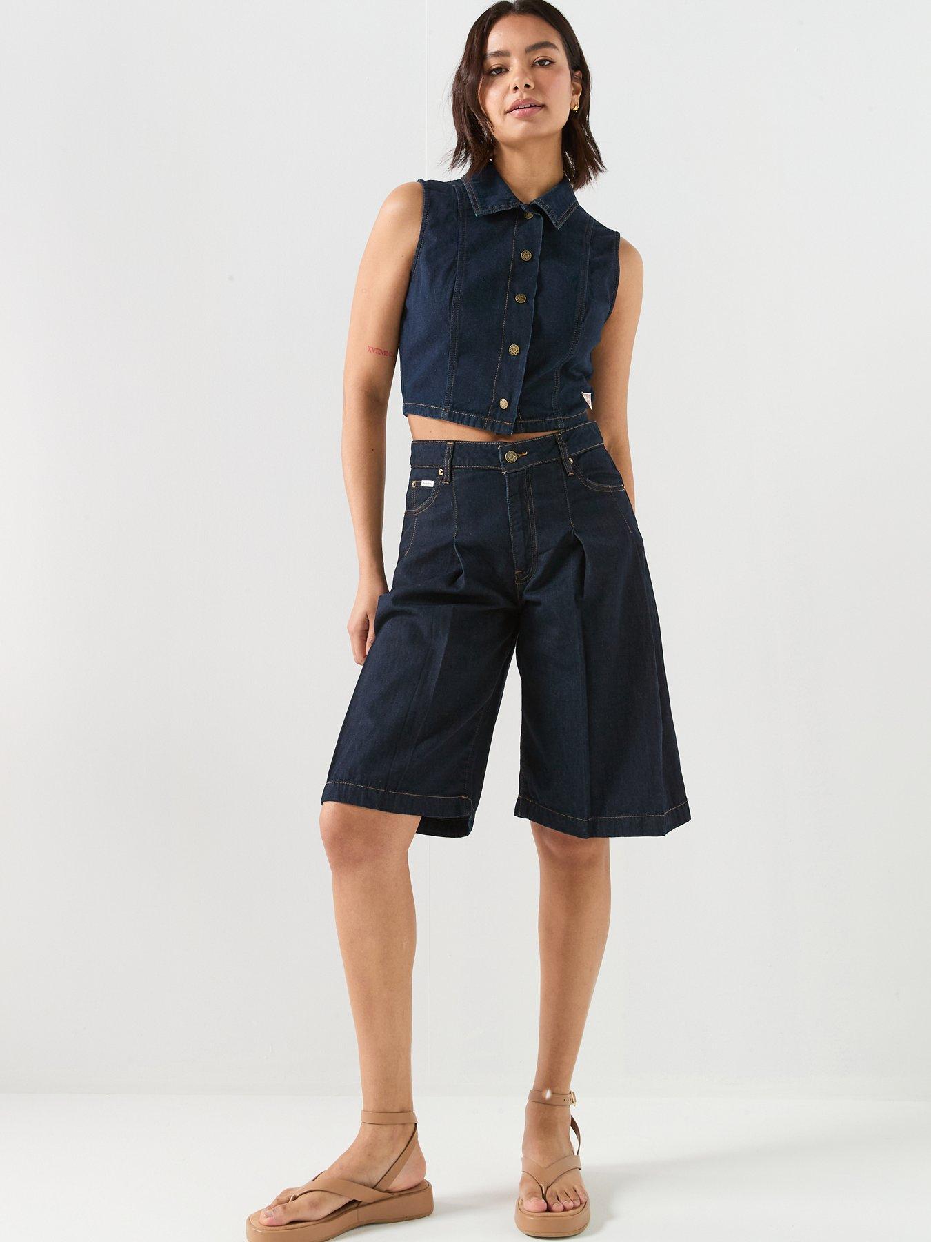 Image 3 of 6 of Guess Jeans Gj Cropped Button Through Top - Blue