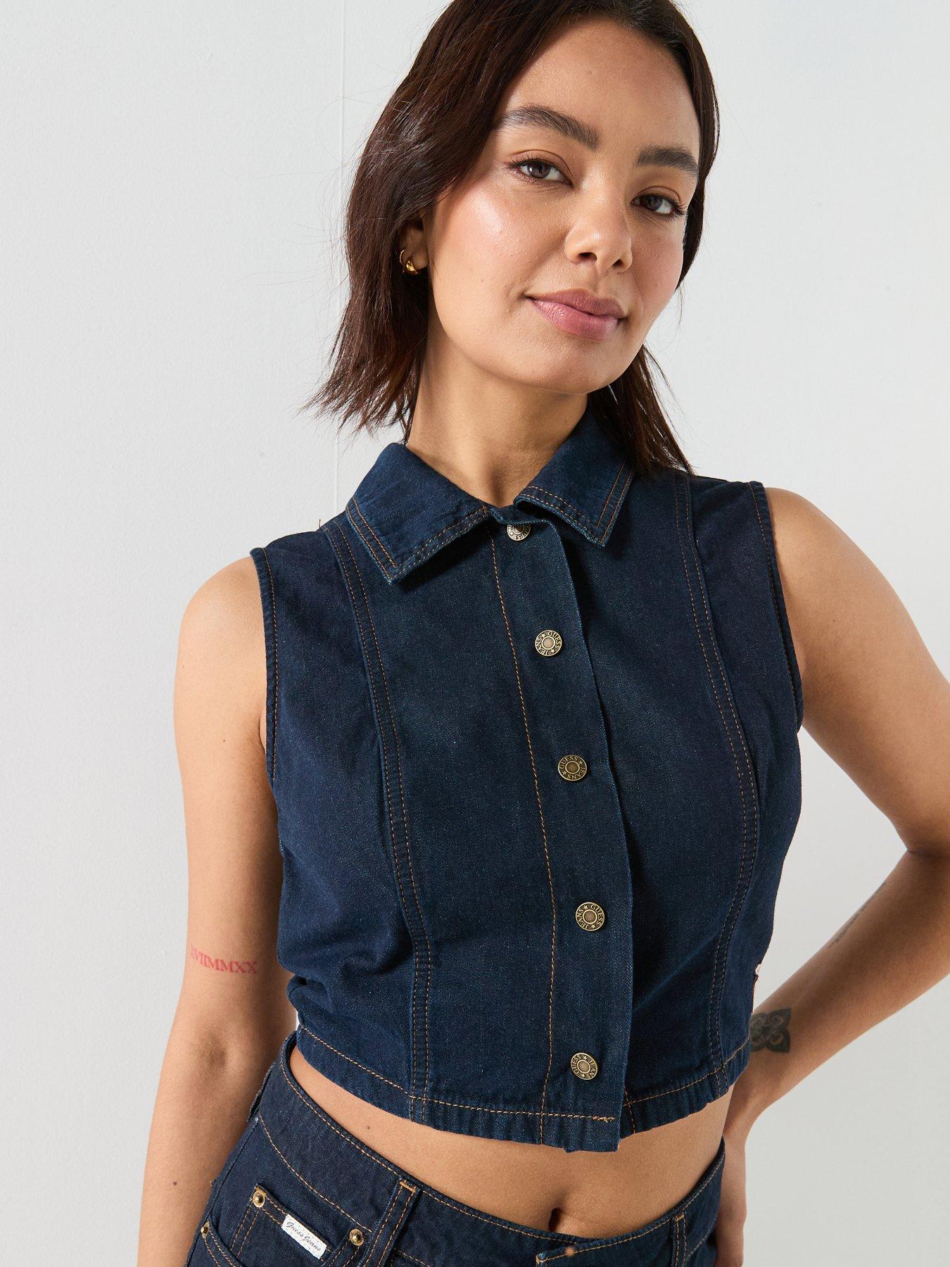 Image 4 of 6 of Guess Jeans Gj Cropped Button Through Top - Blue