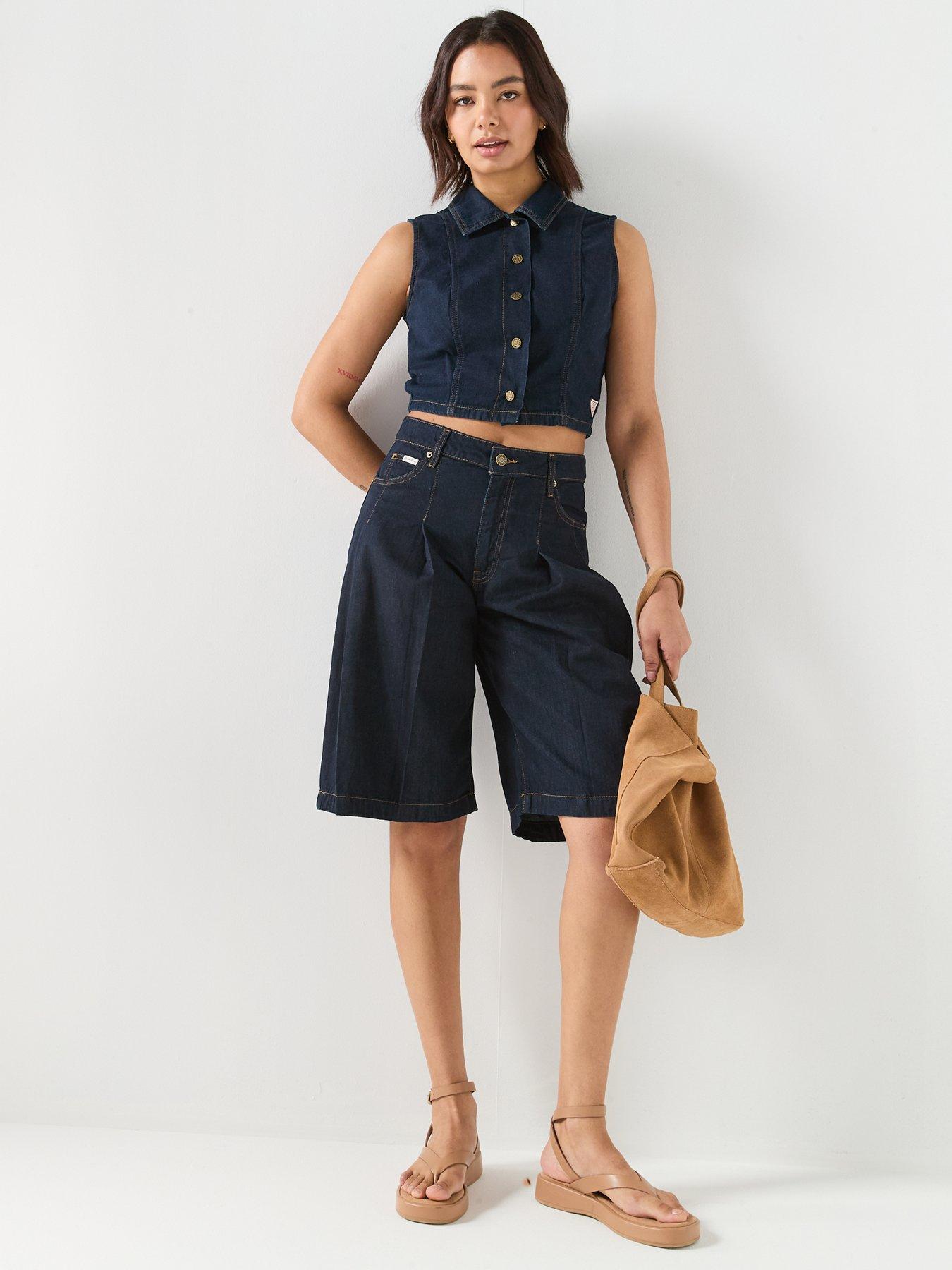 Image 5 of 6 of Guess Jeans Gj Cropped Button Through Top - Blue