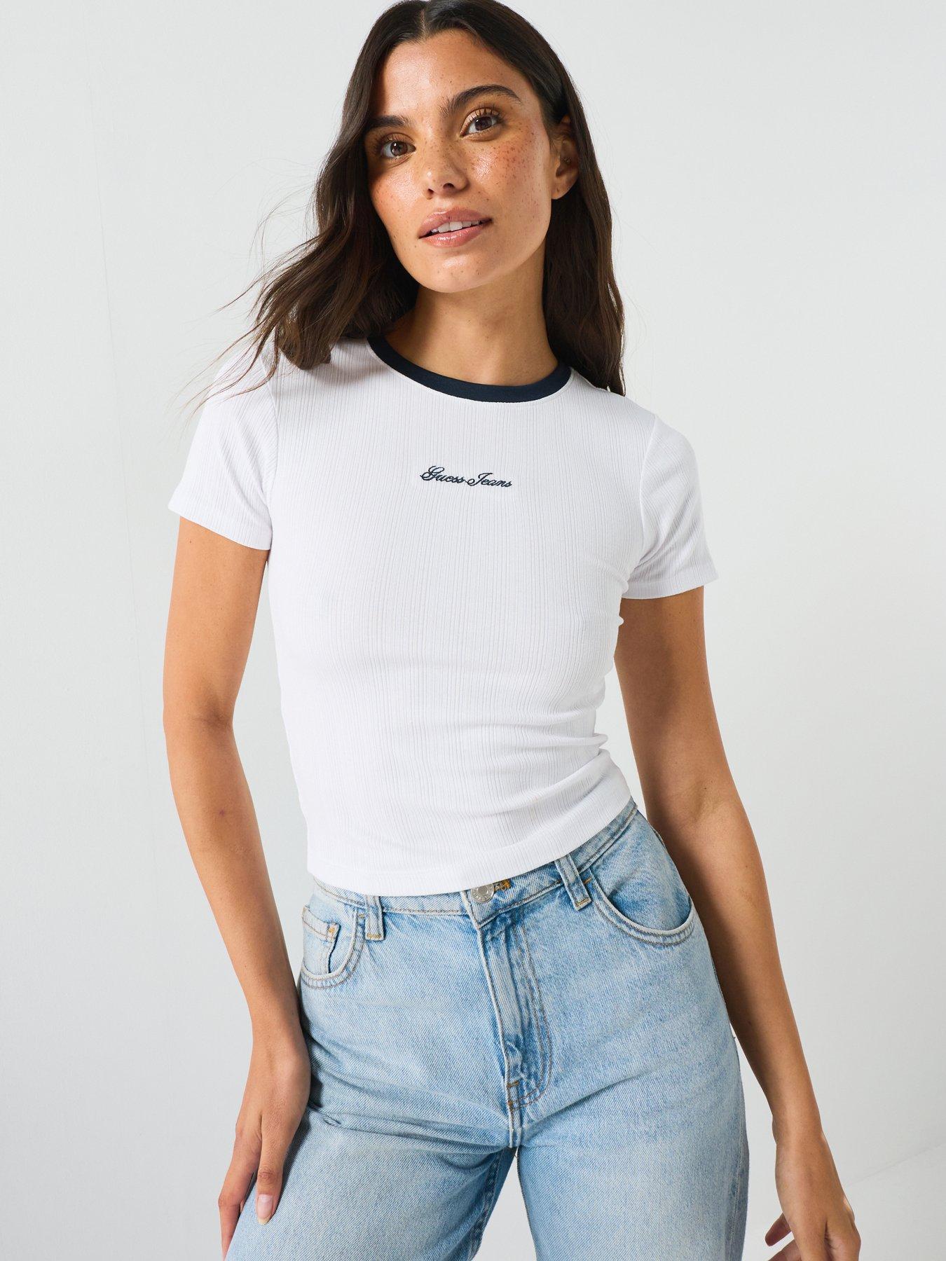 Image 1 of 6 of Guess Jeans Embro Ringer T-Shirt - White