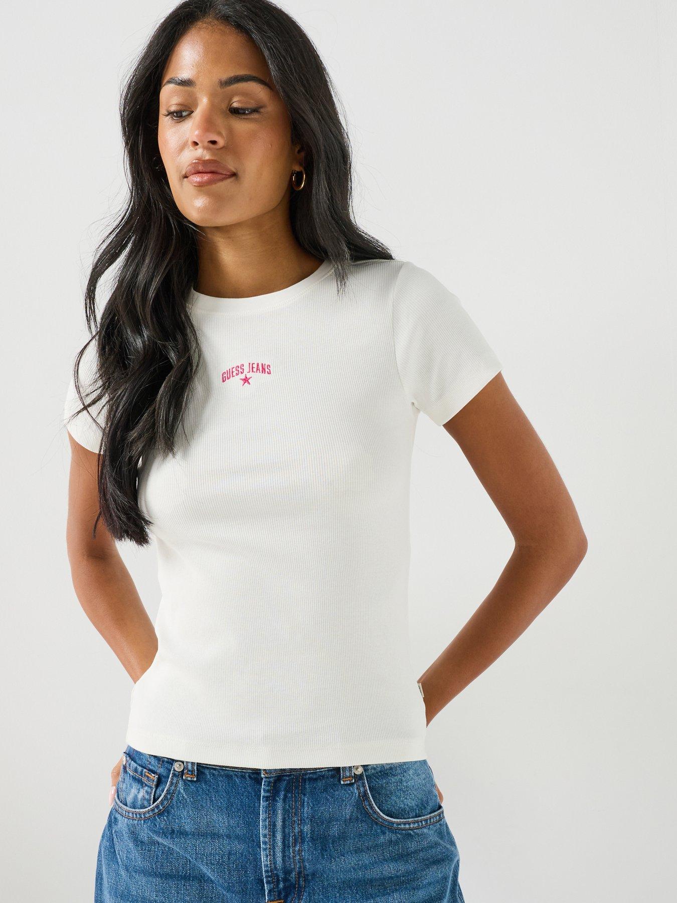 Image 1 of 6 of Guess Jeans Embroidered Star T-Shirt - White