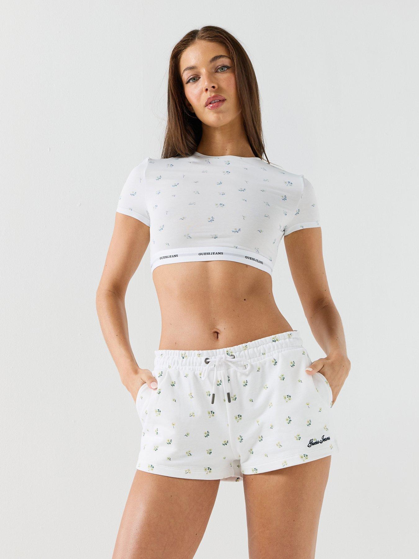 Image 1 of 6 of Guess Jeans Gj Short Sleeve Crop Top - White