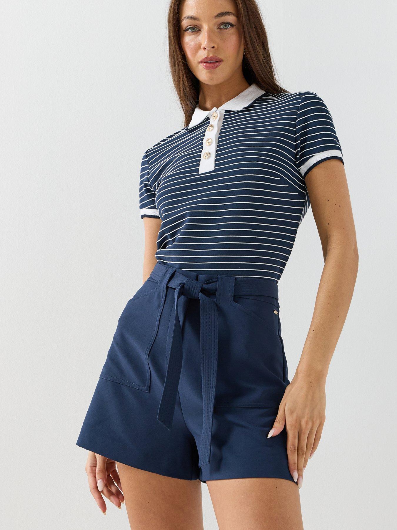 Image 1 of 5 of Guess Short Sleeve Striped Polo Top - Blue