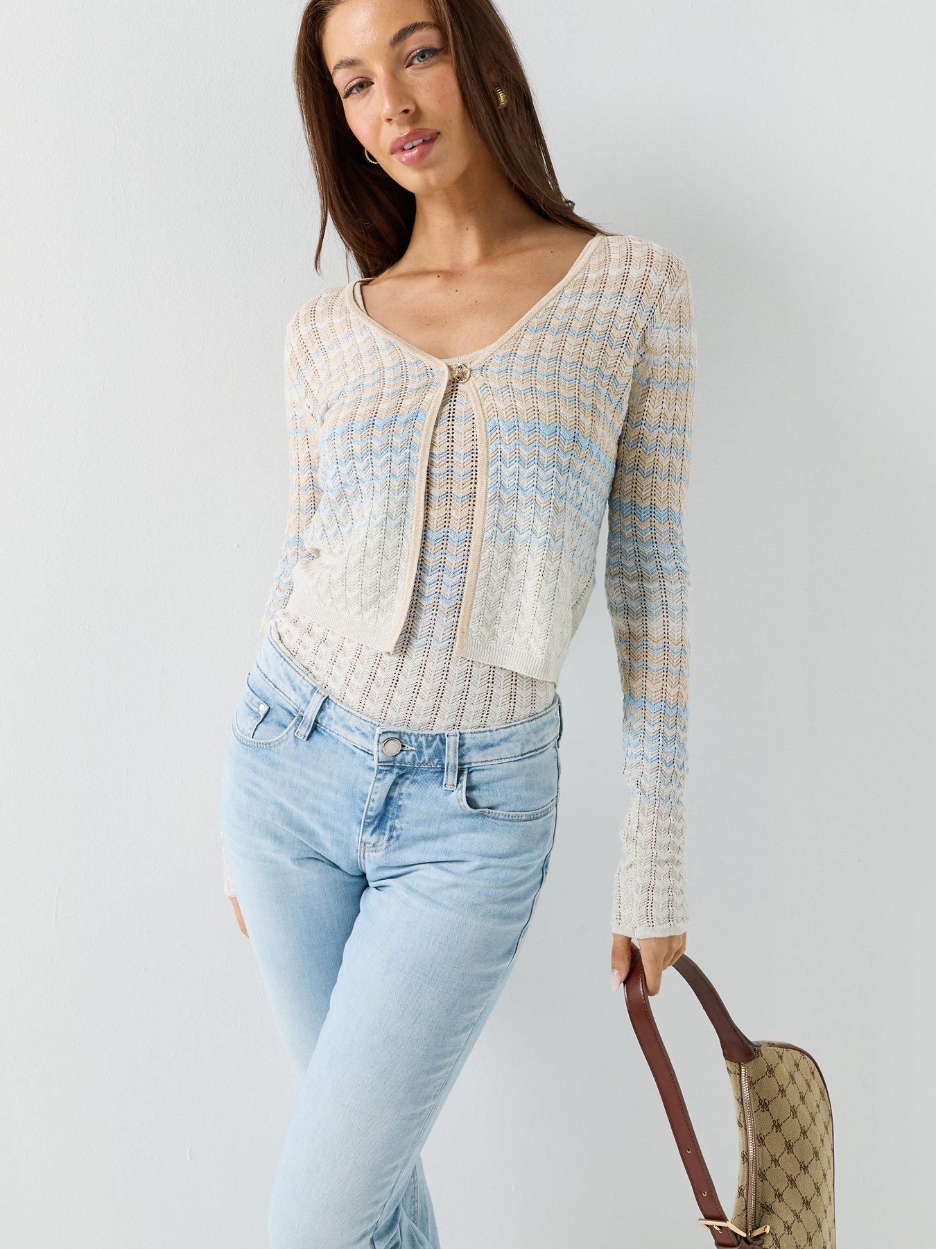 Image 1 of 4 of Guess Long Sleeve Chevron Knitted Cardigan - Blue