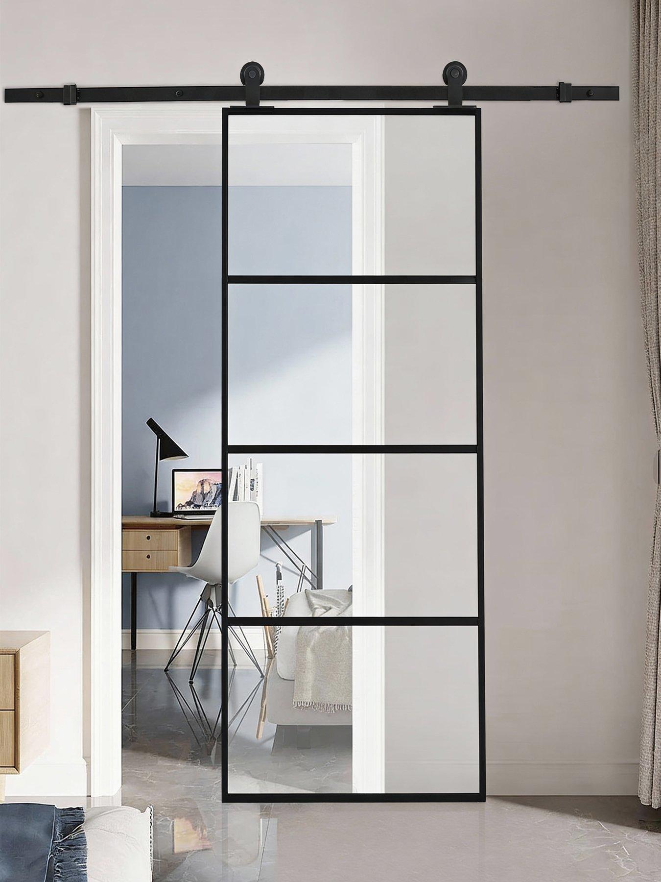 Living And Home 4 Lites Clear Glass Sliding Barn Door With 6Ft Hardware Kit in One Colour