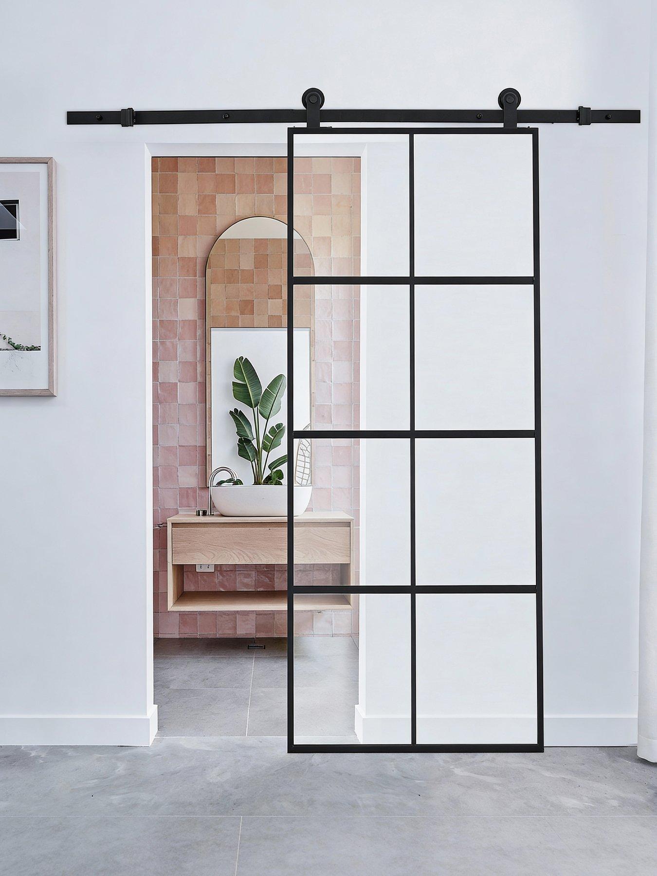 Living And Home 4 Lites Clear Glass Sliding Barn Door With 6Ft Hardware Kit in One Colour
