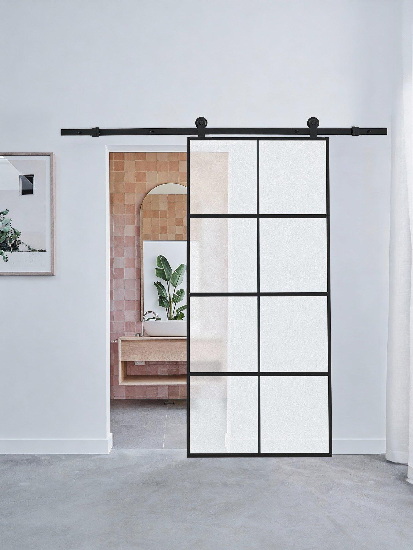 Living and Home Frosted Glass Sliding Barn Door with 6ft Hardware Kit