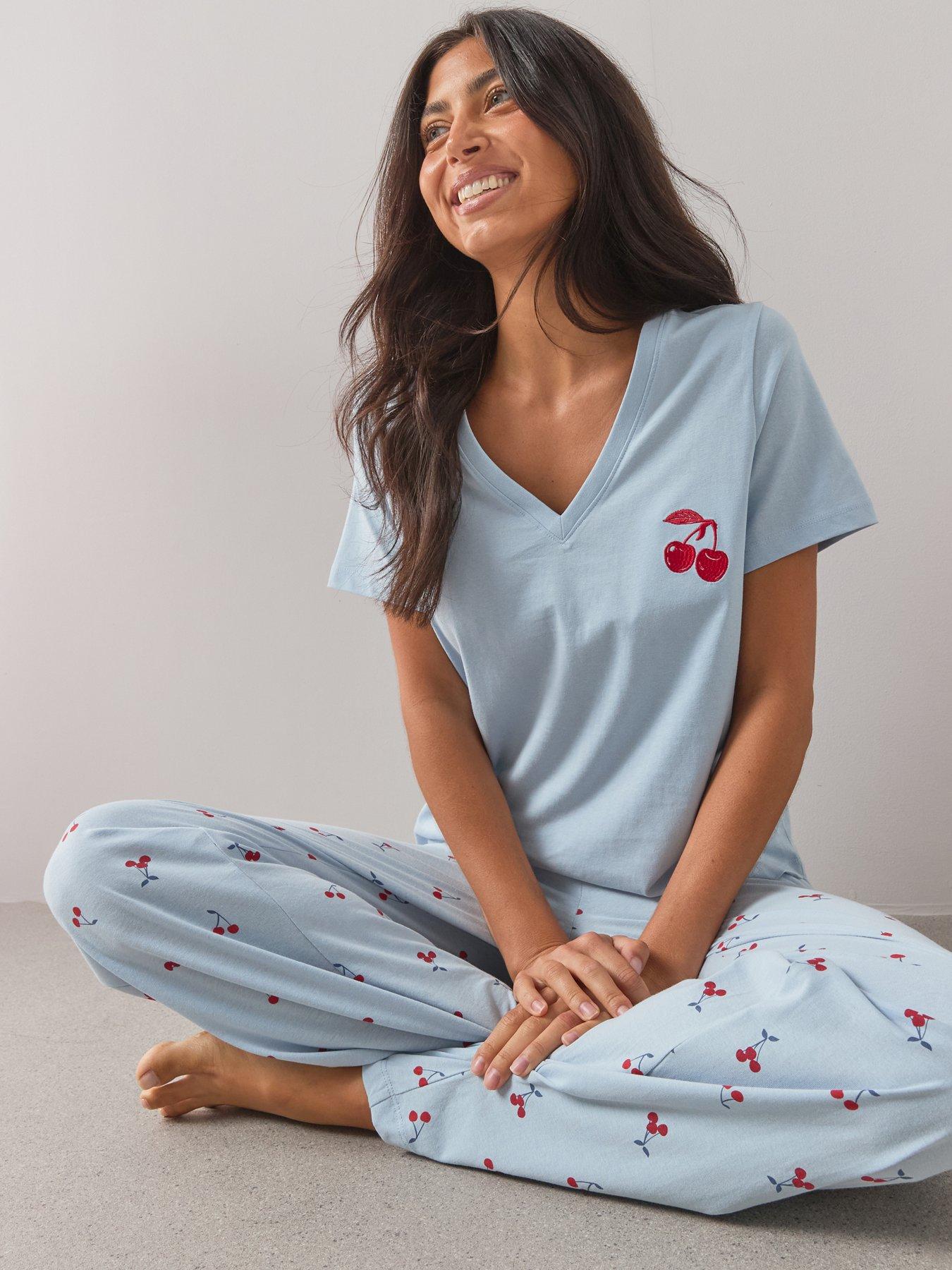 The Very Collection V Neck Short Sleeve Cherry Tshirt And Wide Leg Pyjama Set