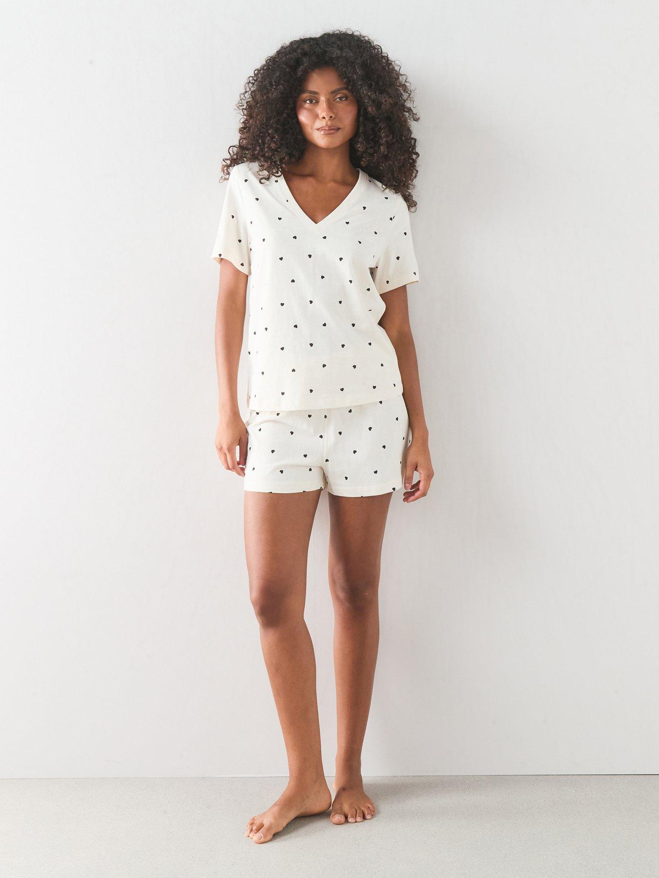 Image 1 of 7 of The Very Collection V Neck Heart Print Tshirt And Short Pyjama Set - White