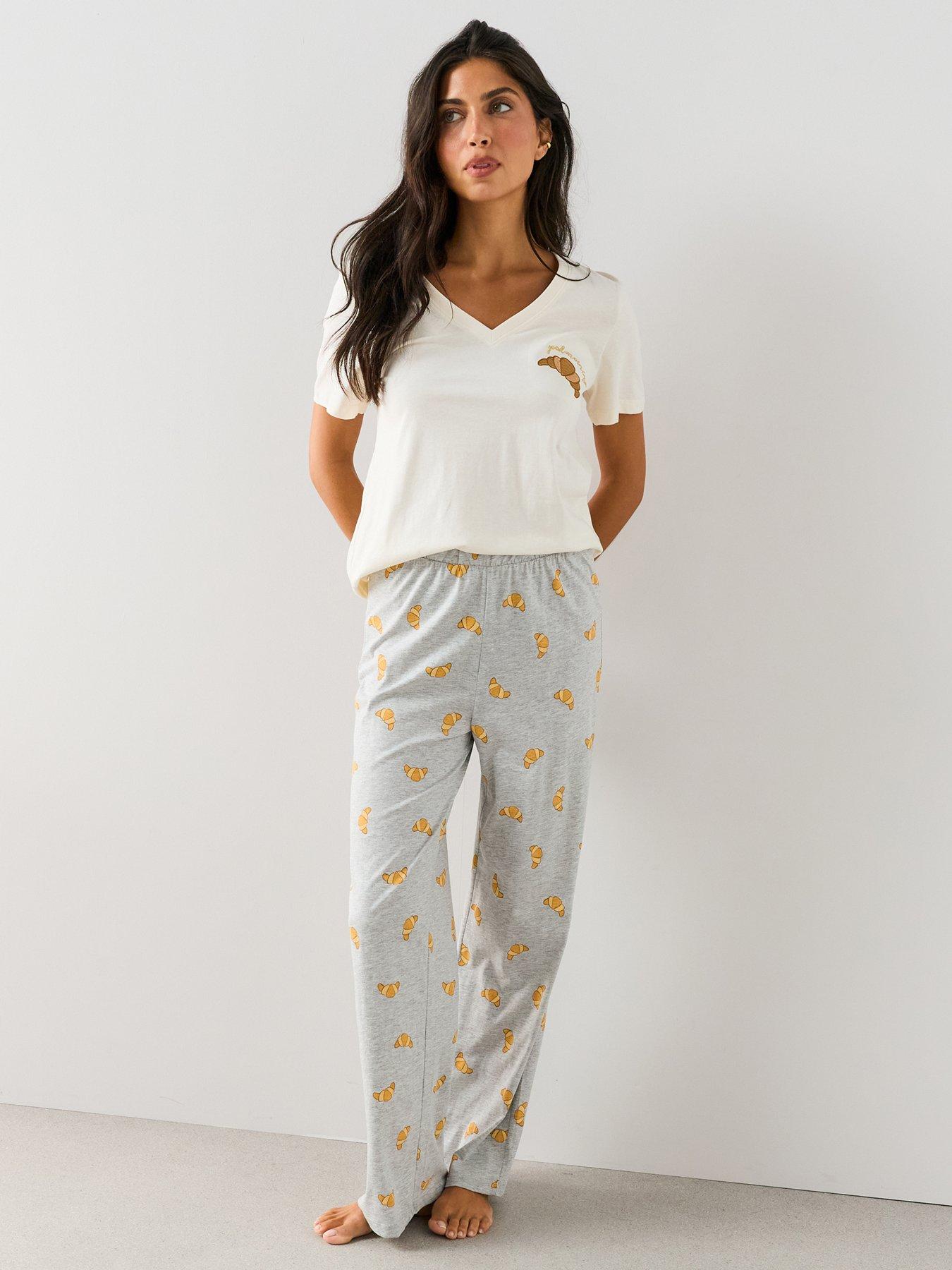 The Very Collection Crossisant Print V Neck Top And Wide Leg Pyjama Set