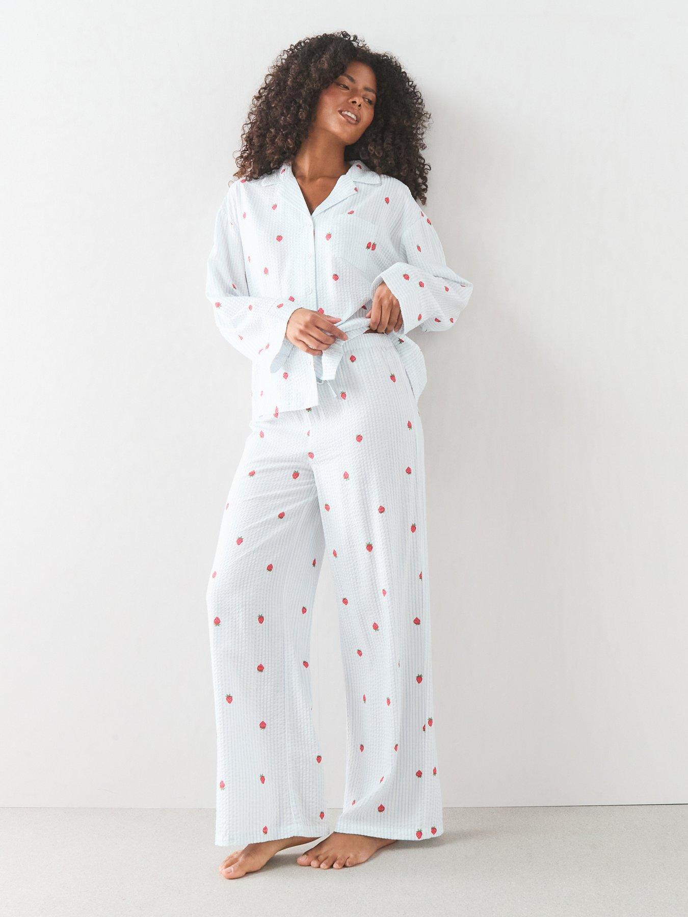 The Very Collection Woven Stripe Strawberry Print Revere Pyjama Set - Blue