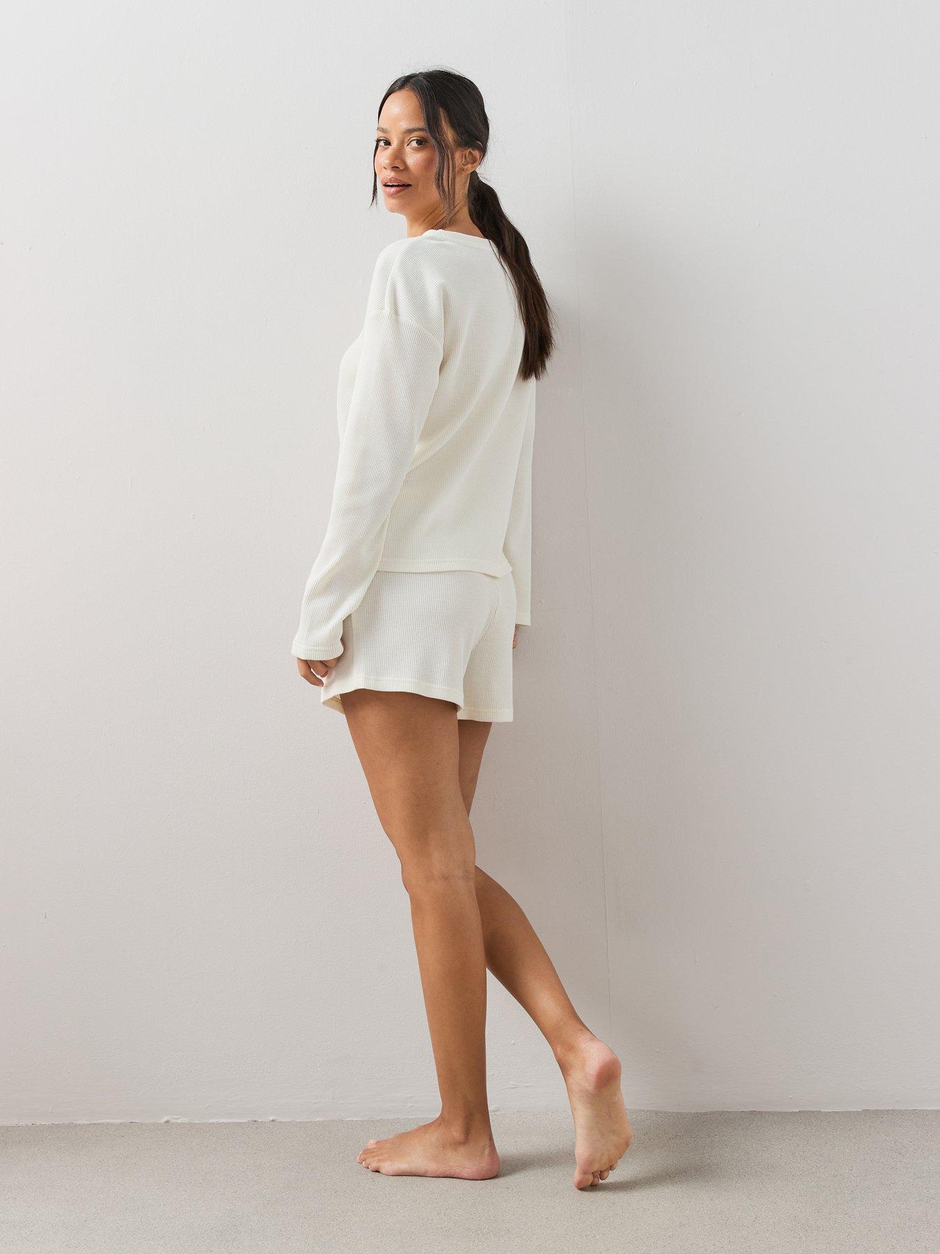 Image 2 of 7 of The Very Collection Long Sleeve Waffle Top And Short Pyjama Set - Cream