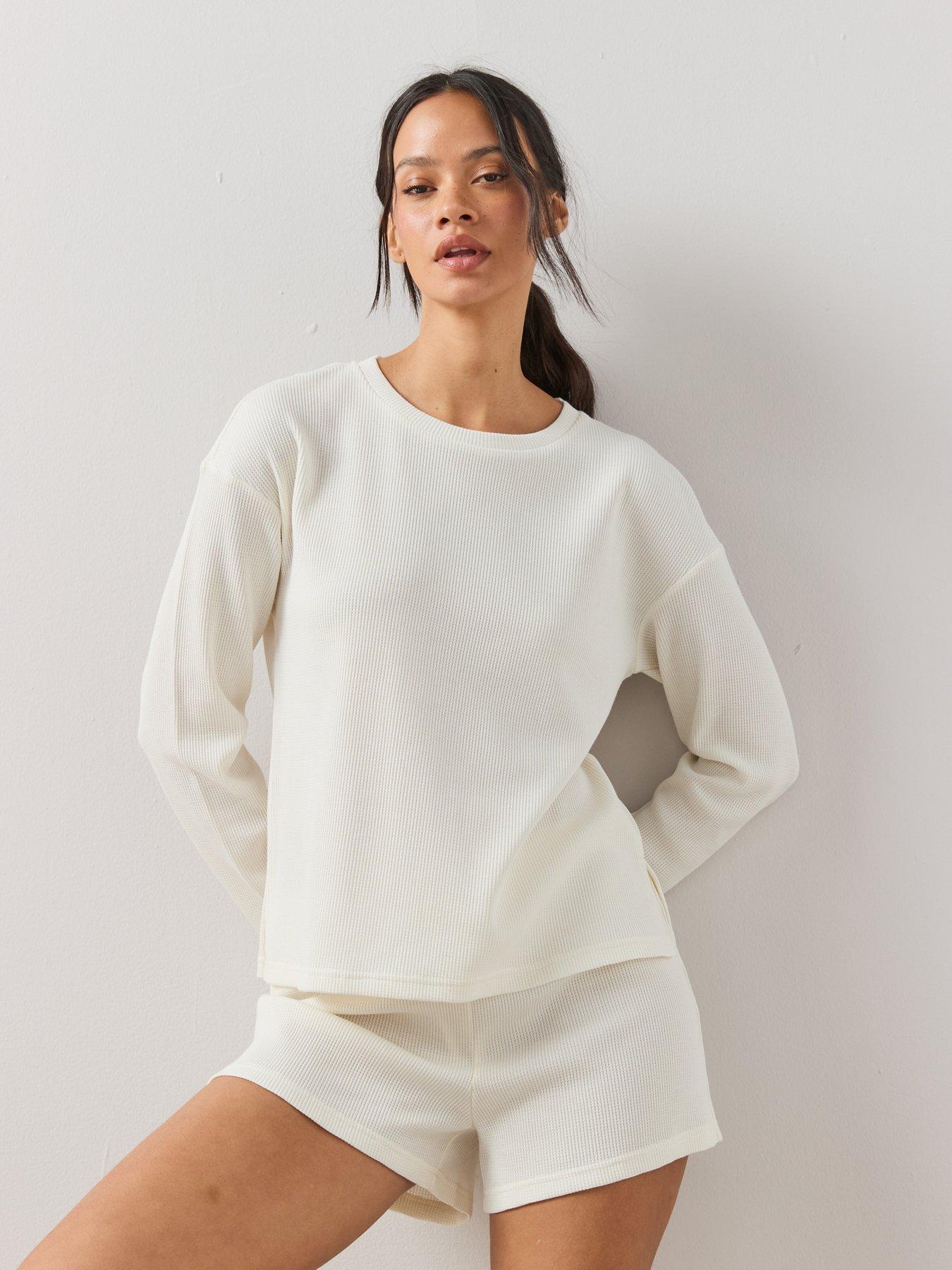 Image 3 of 7 of The Very Collection Long Sleeve Waffle Top And Short Pyjama Set - Cream