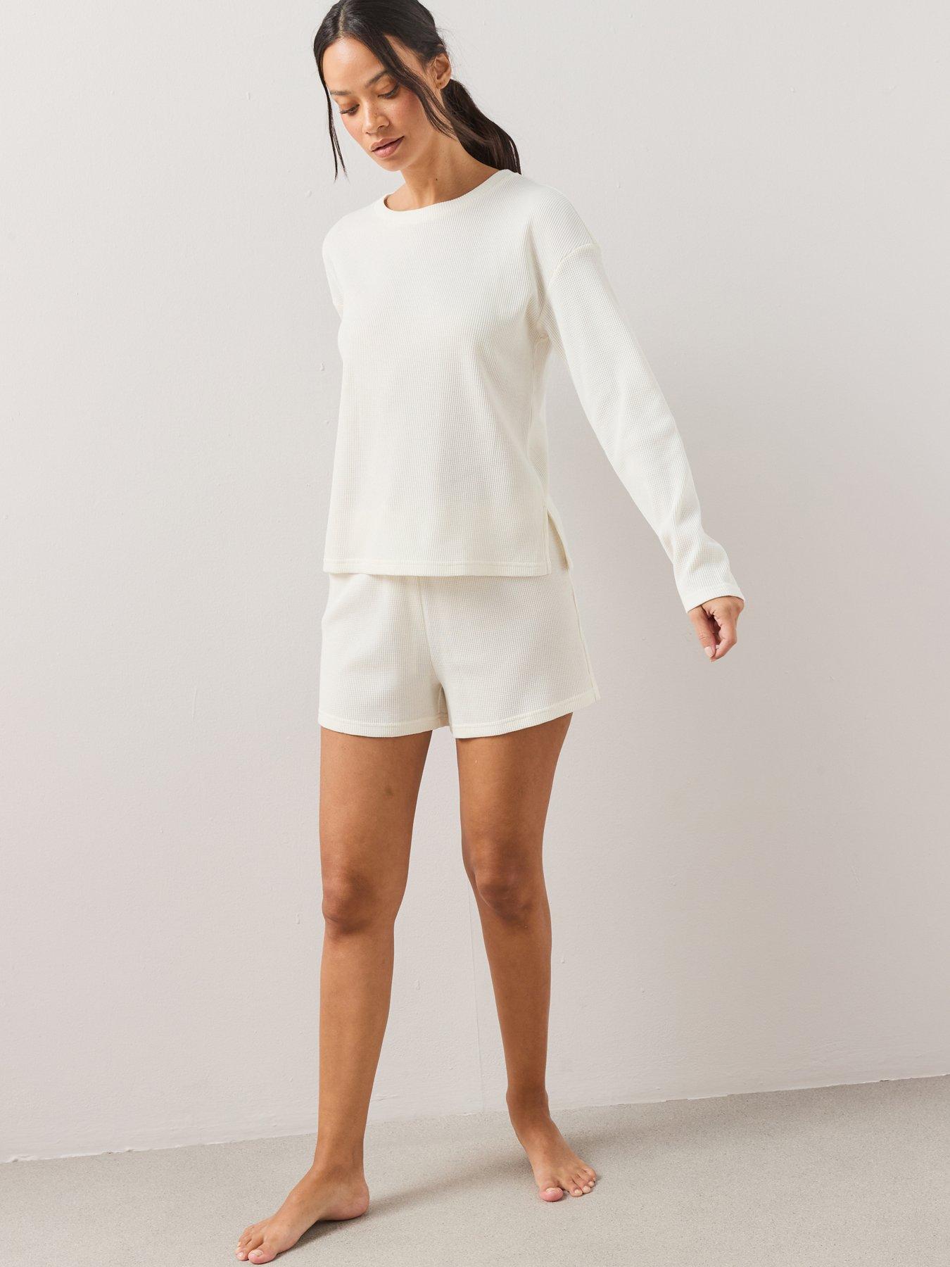 Image 4 of 7 of The Very Collection Long Sleeve Waffle Top And Short Pyjama Set - Cream