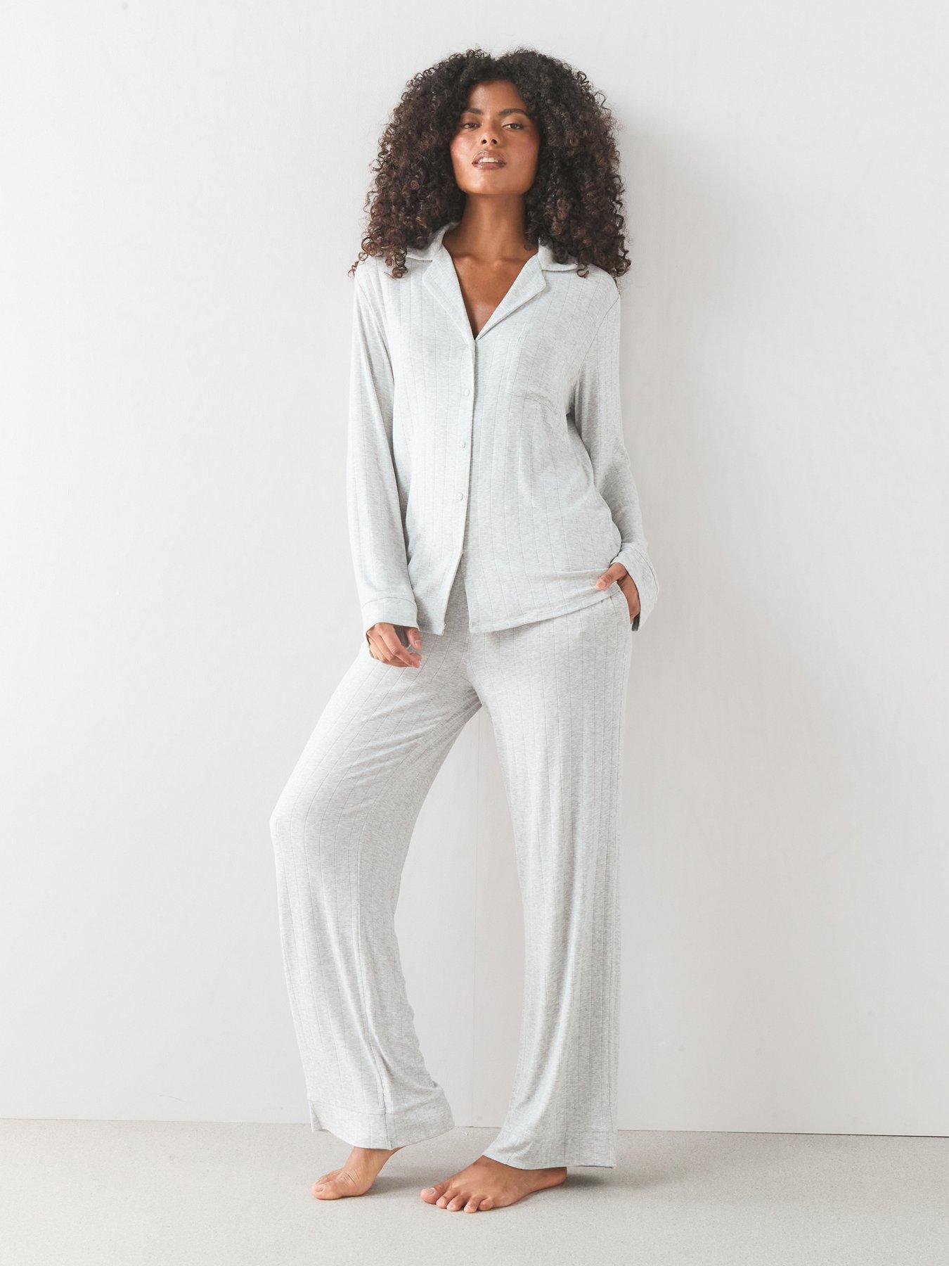 The Very Collection Marl Ribbed Revere Pyjama Set - Grey