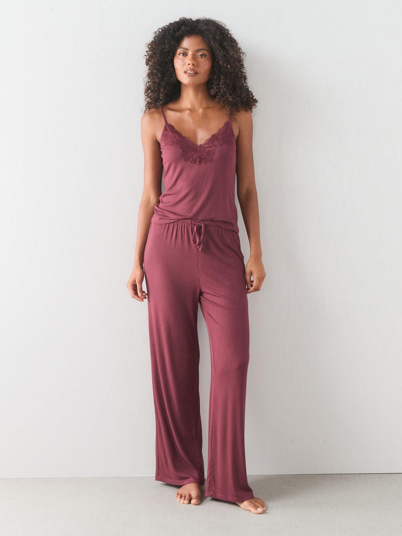 Image 1 of 7 of The Very Collection Lace Trim Cami And Wide Leg Pyjama Set - Burgundy