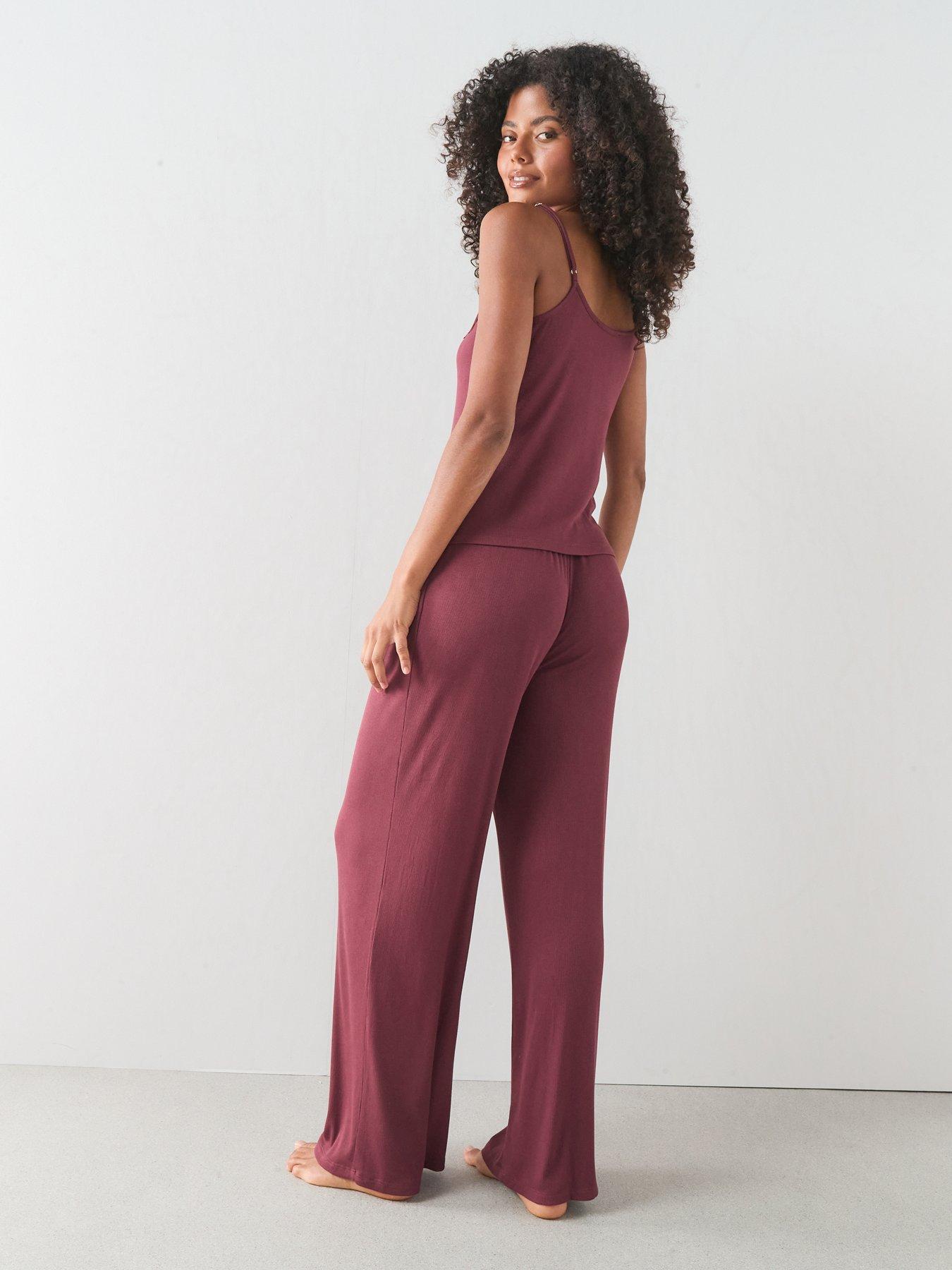 Image 2 of 7 of The Very Collection Lace Trim Cami And Wide Leg Pyjama Set - Burgundy