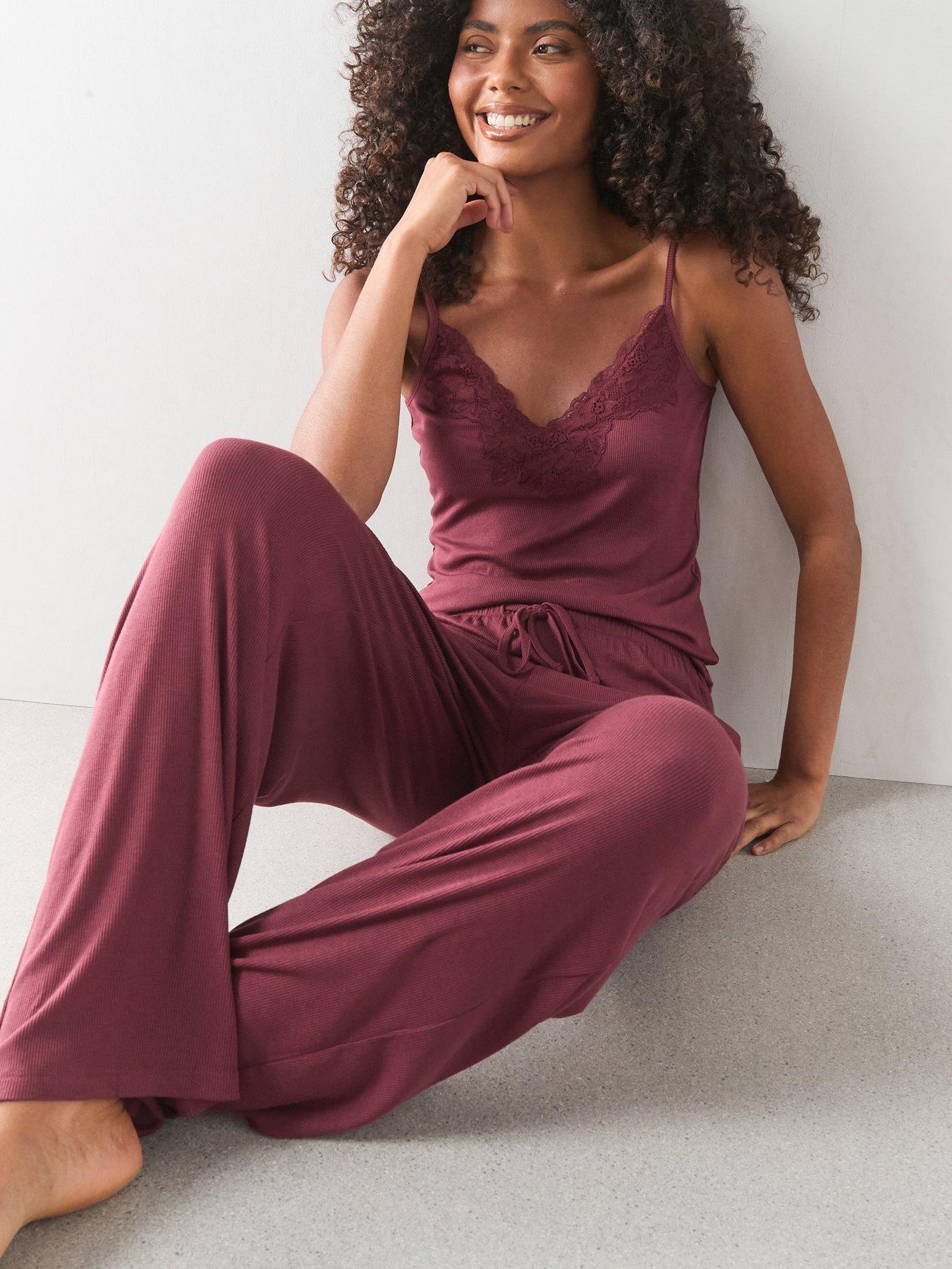 Image 6 of 7 of The Very Collection Lace Trim Cami And Wide Leg Pyjama Set - Burgundy