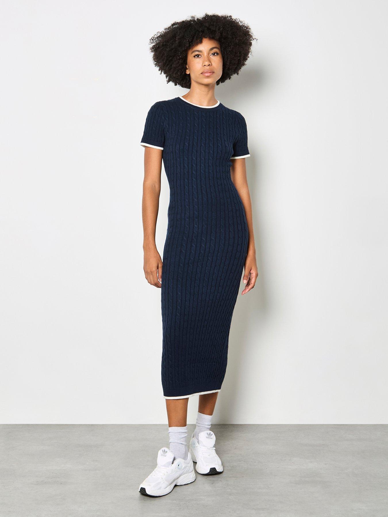 Image 1 of 4 of Apricot Apricot Cable Knit Contrast Edg Midi Drs