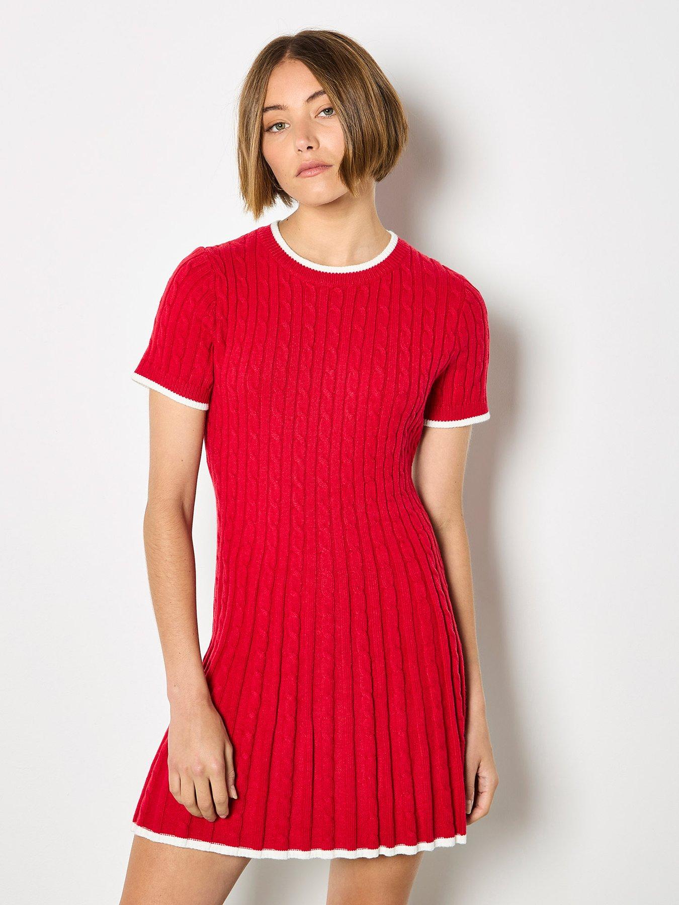 Apricot Cable Knit Contrast Edge Fit and Flare Dress - Red