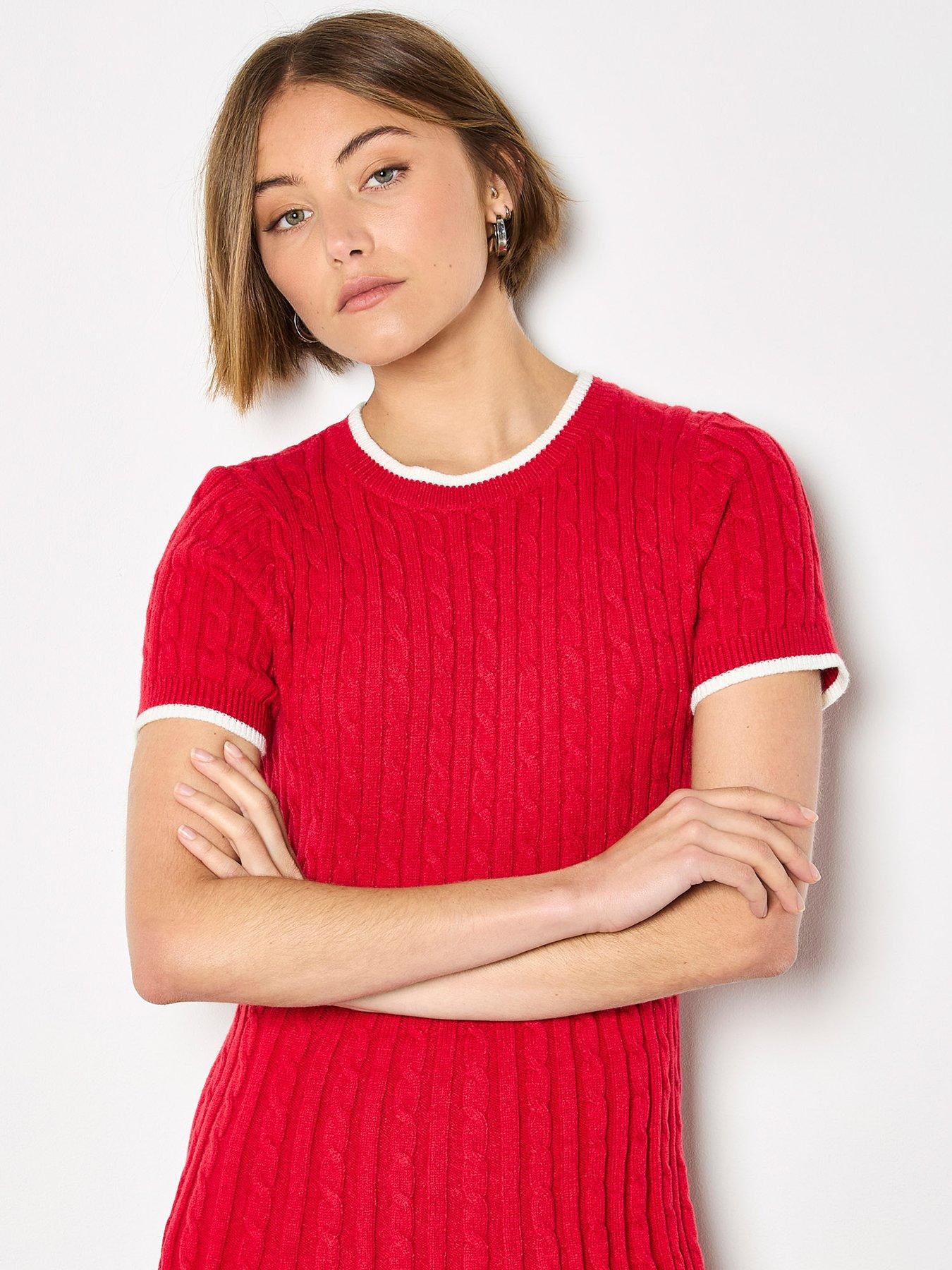 apricot-cable-knit-contrast-edge-fit-and-flare-dress-redoutfit