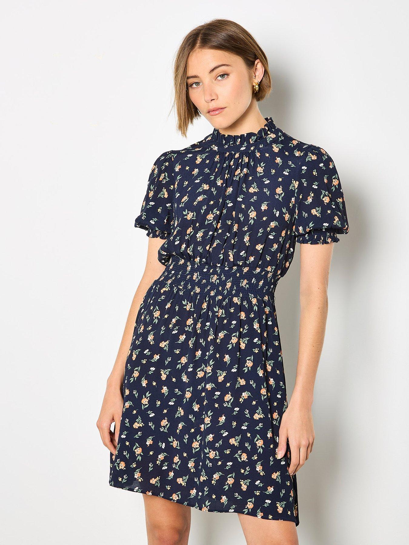 apricot-ditsy-print-ruffle-neck-dress-blueback