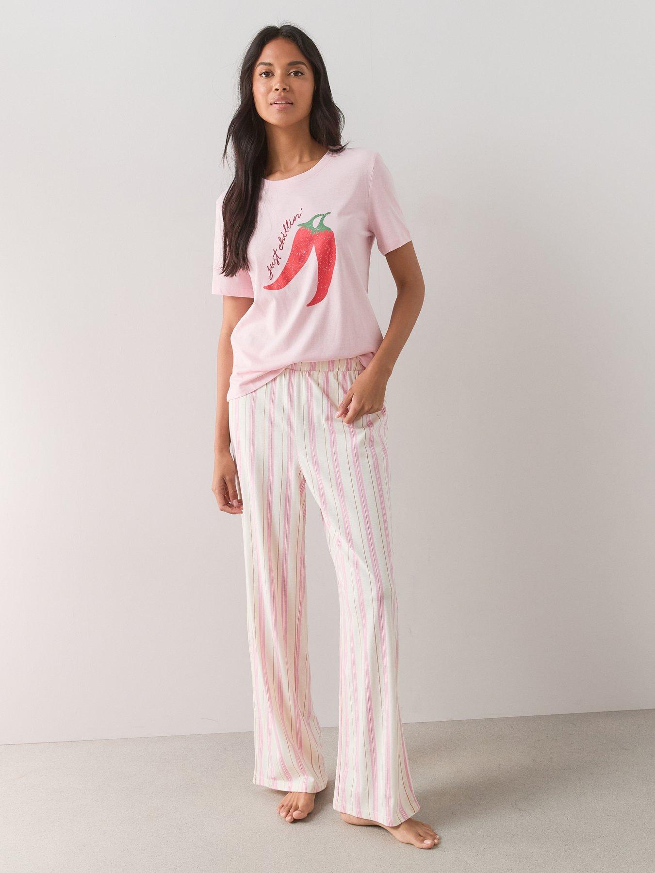 The Very Collection Short Sleeve Chilli Print T-Shirt And Stripe Bottoms Pyjama Set - Pink