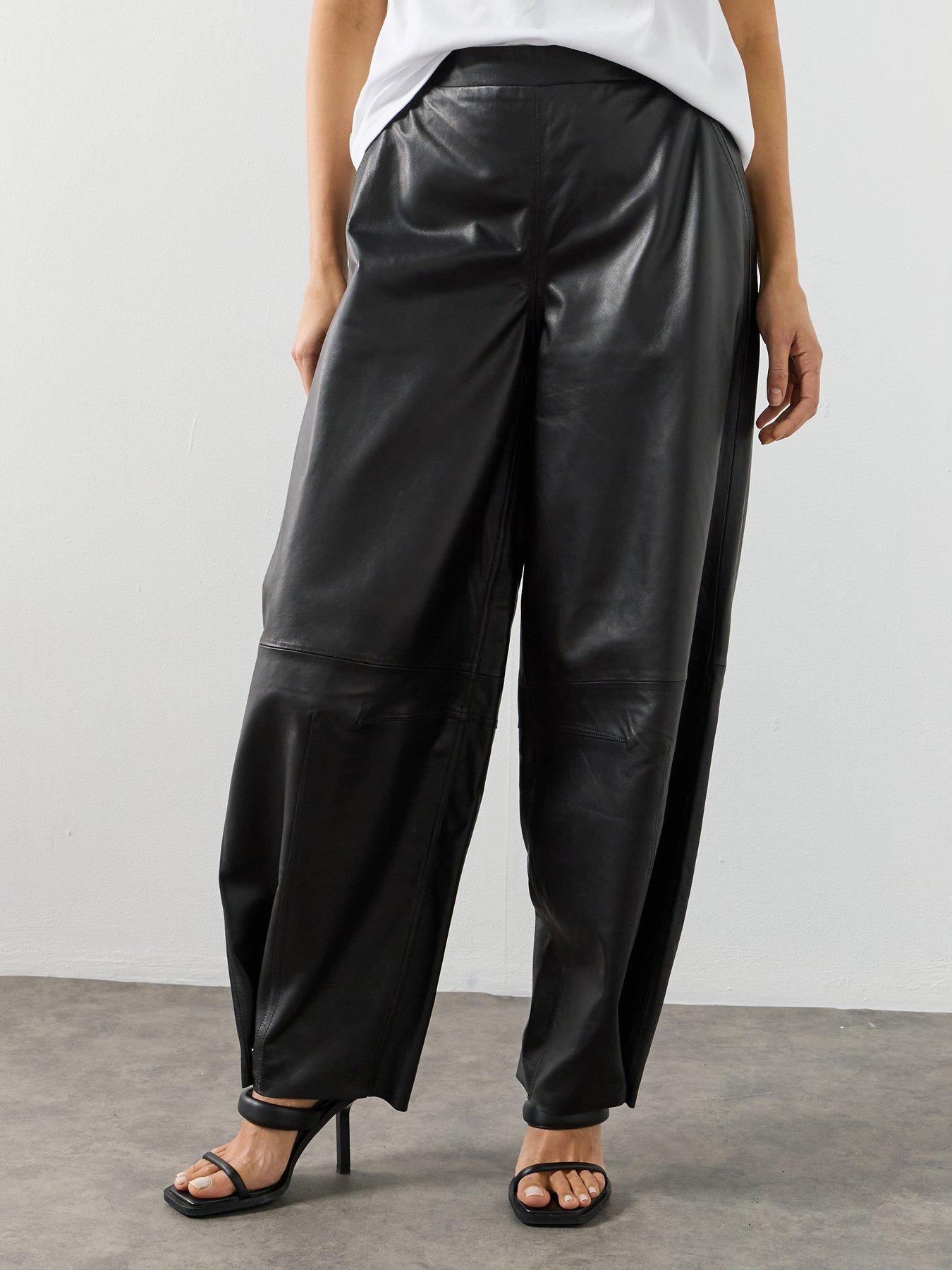 Image 1 of 6 of AllSaints Etta Barrel Leg Leather Trousers - Black