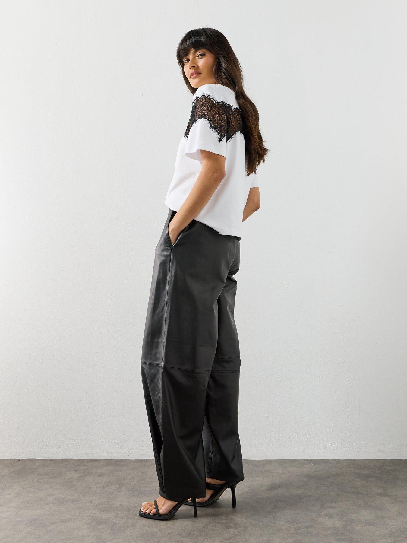 Image 6 of 6 of AllSaints Etta Barrel Leg Leather Trousers - Black