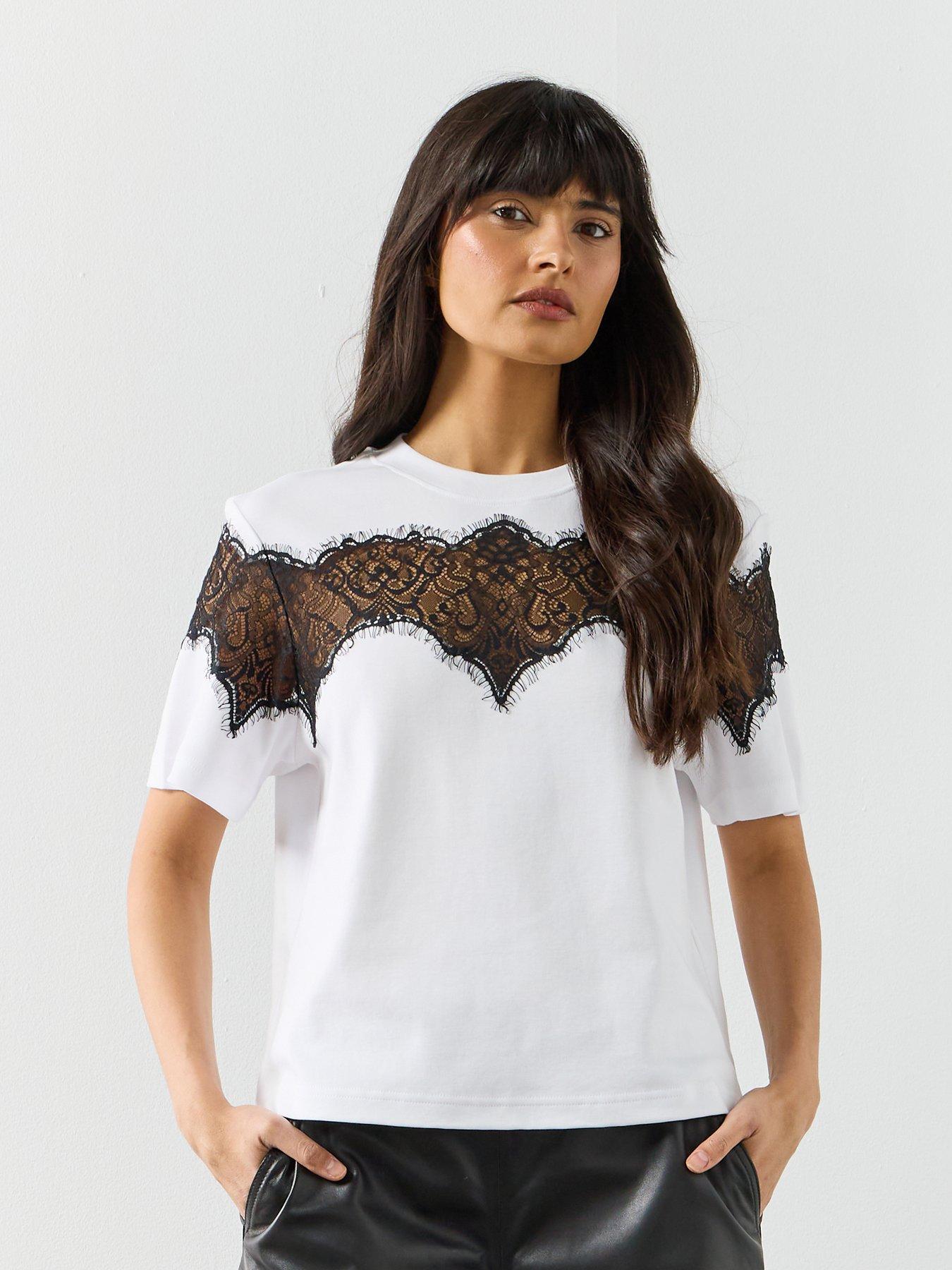 Image 1 of 6 of AllSaints Lisa Lace T-Shirt - White