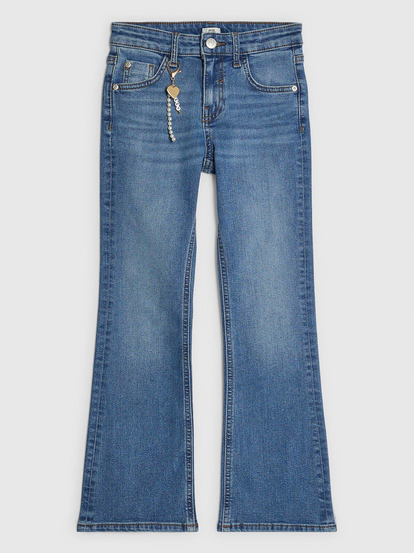 Image 1 of 4 of River Island Older Girls Flared Keyring Jeans - Blue