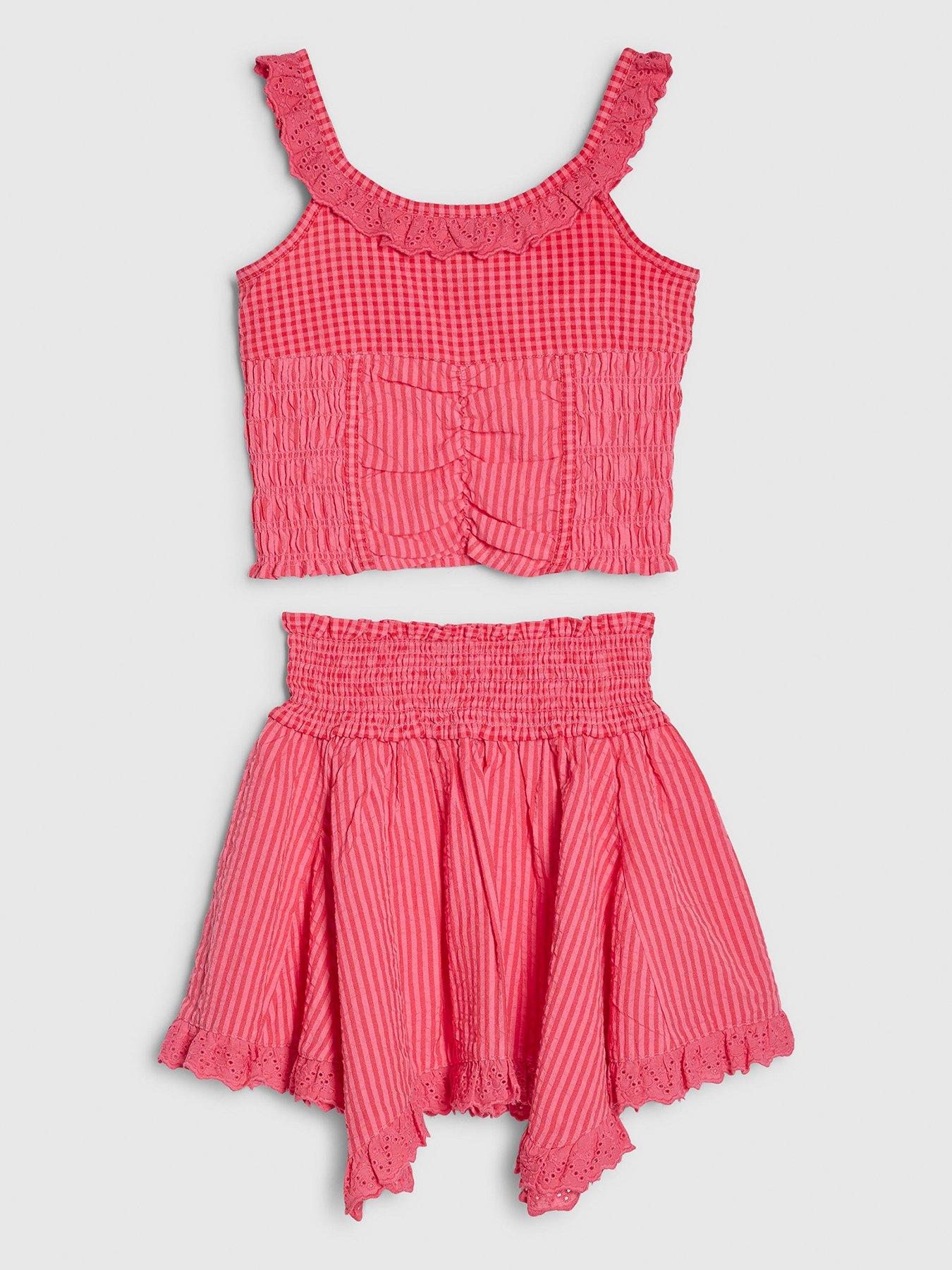 River Island Older Girls Gingham Stripe Skirt Set - Dark Pink
