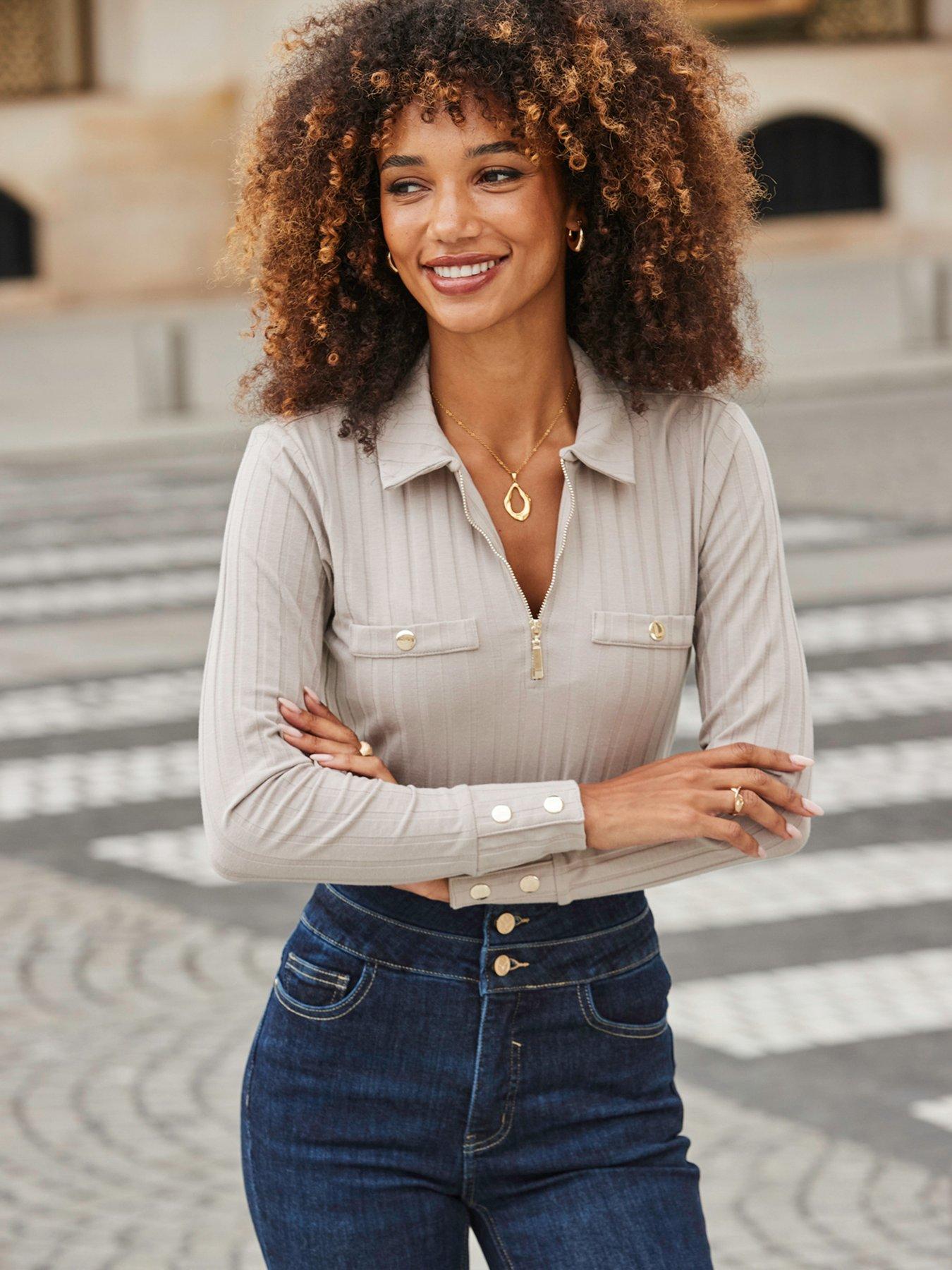 Sosandar Taupe Zip Front Top With Gold Buttons