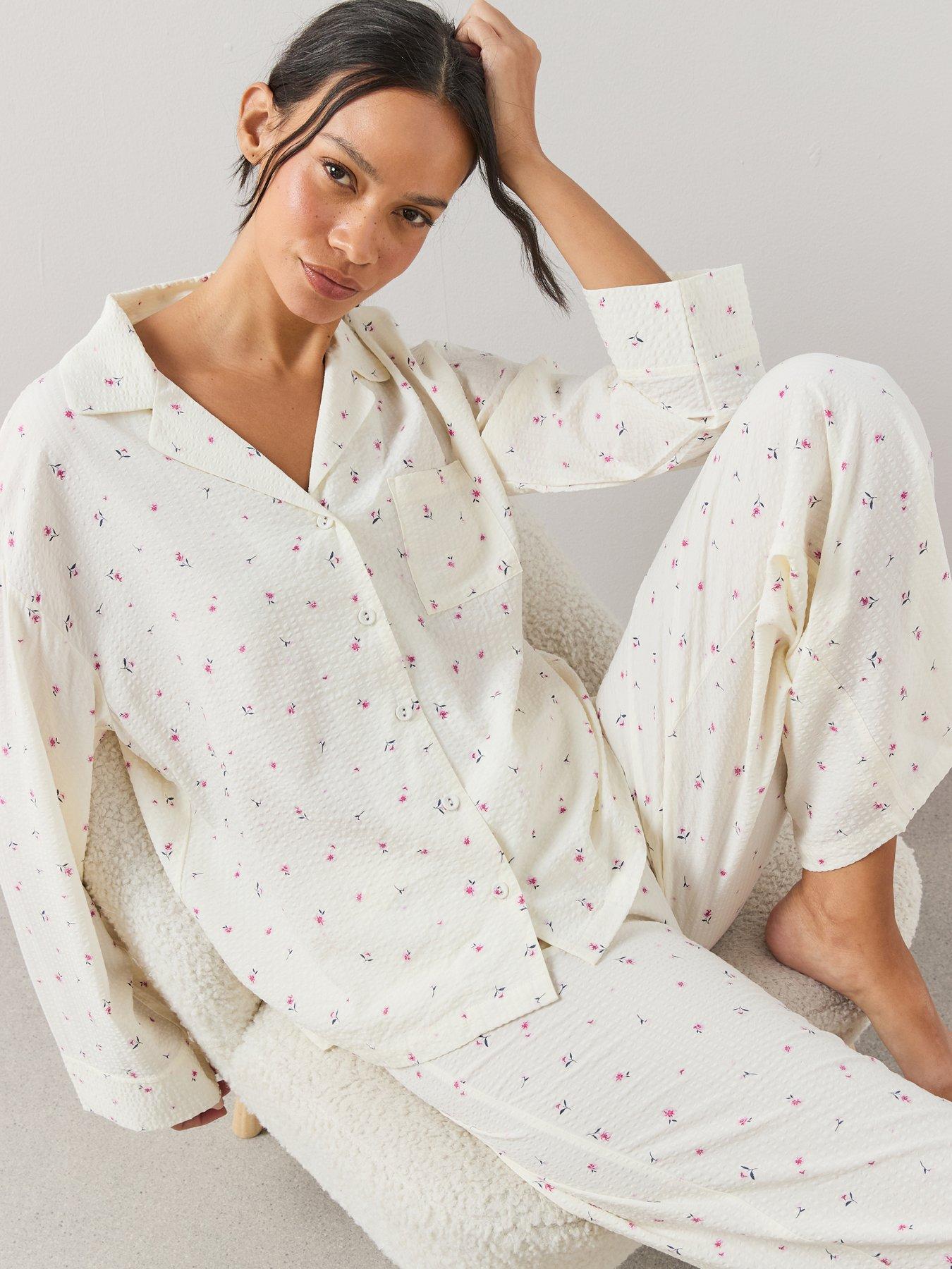Image 1 of 7 of The Very Collection Woven Ditsy Floral Revere Pyjama Set - Cream
