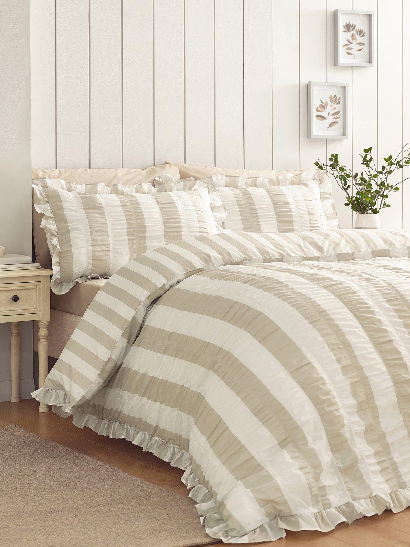 Catherine Lansfield Seersucker Frill Stripe Duvet Set Natural