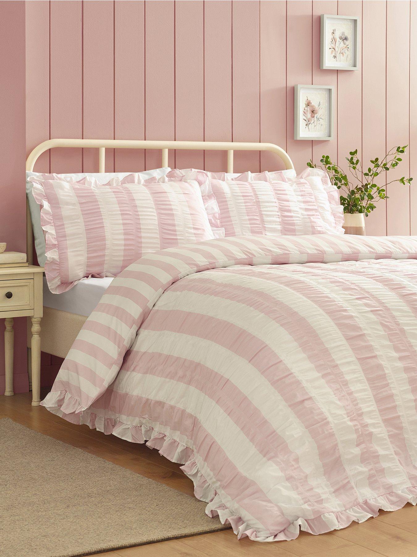 Catherine Lansfield Seersucker Frill Stripe Duvet Set Green