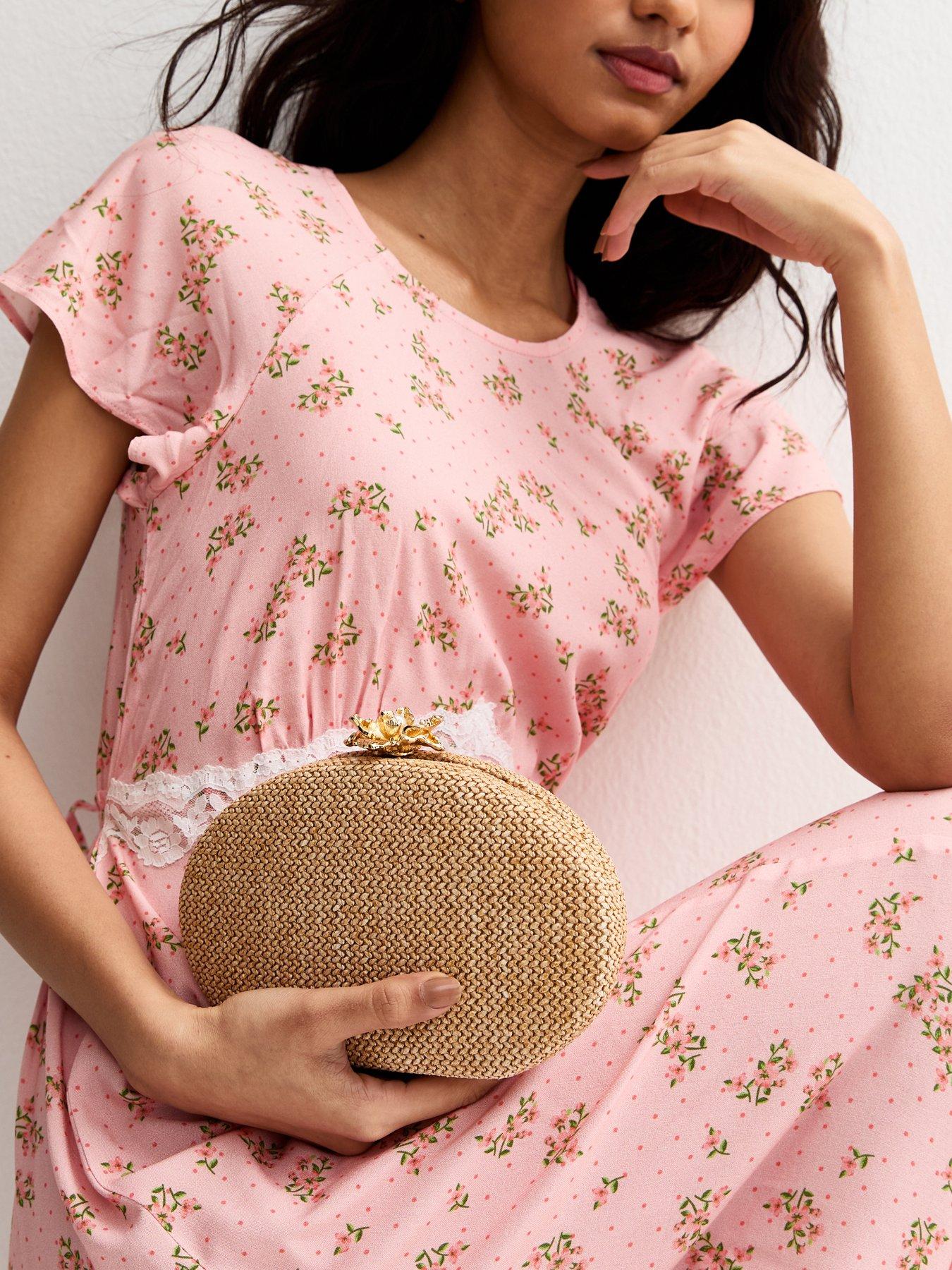 New Look Stone Raffia Flower Clasp Box Clutch - Stone