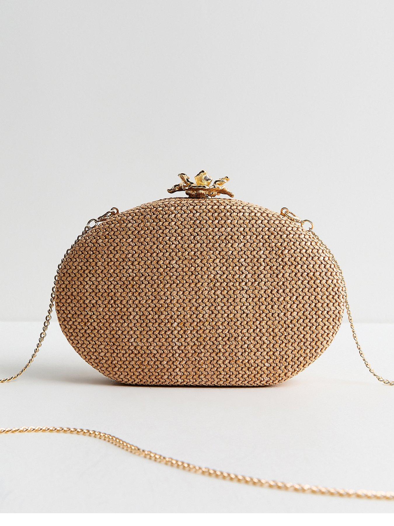 New Look Stone Raffia Look Flower Clasp Box Clutch