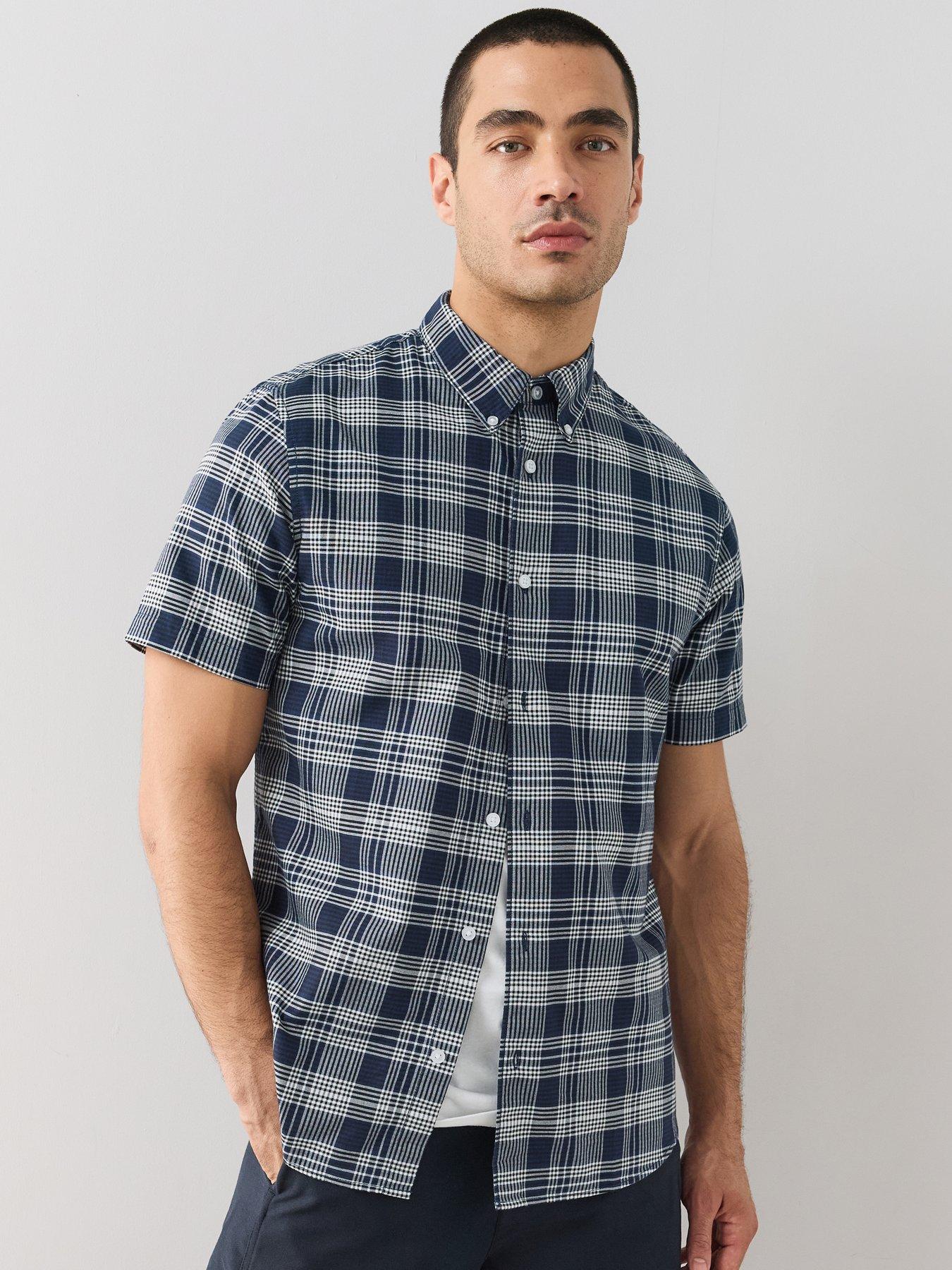 The Very Collection Pure Cotton Short Sleeve Checked Oxford Shirt - Navy