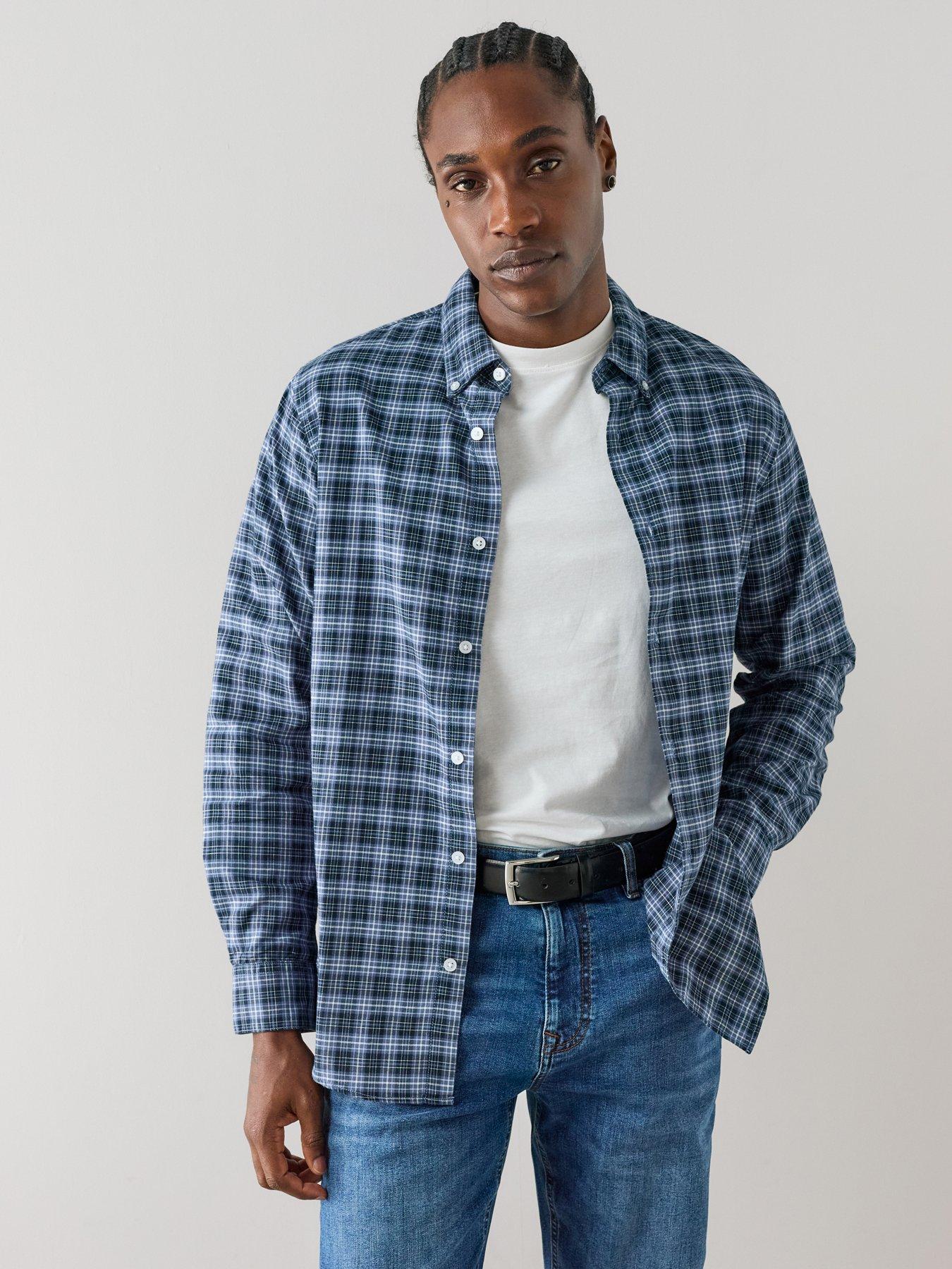 Image 1 of 7 of The Very Collection Pure Cotton Long Sleeve Oxford Checked Shirt - Blue