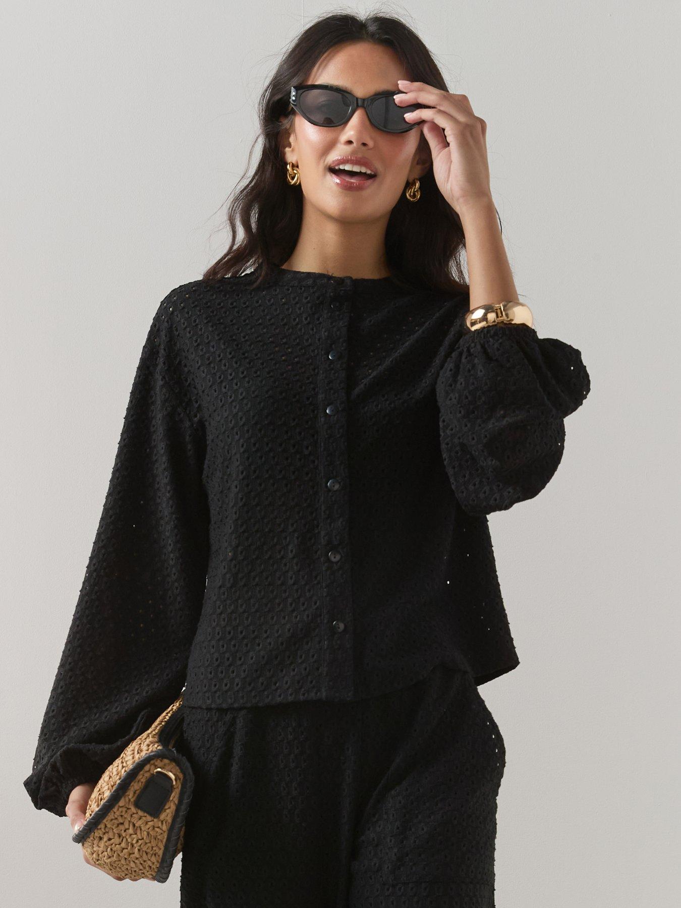 Image 1 of 6 of The Very Collection Crochet Button Up Long Sleeve Top Co-ord